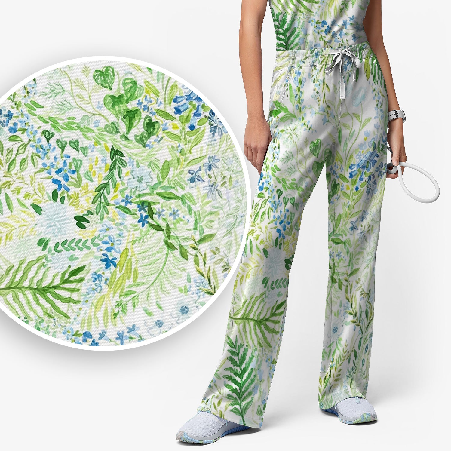 Green Botanical Floral Pattern Scrub Set, Scrub Pants and V Neck Top