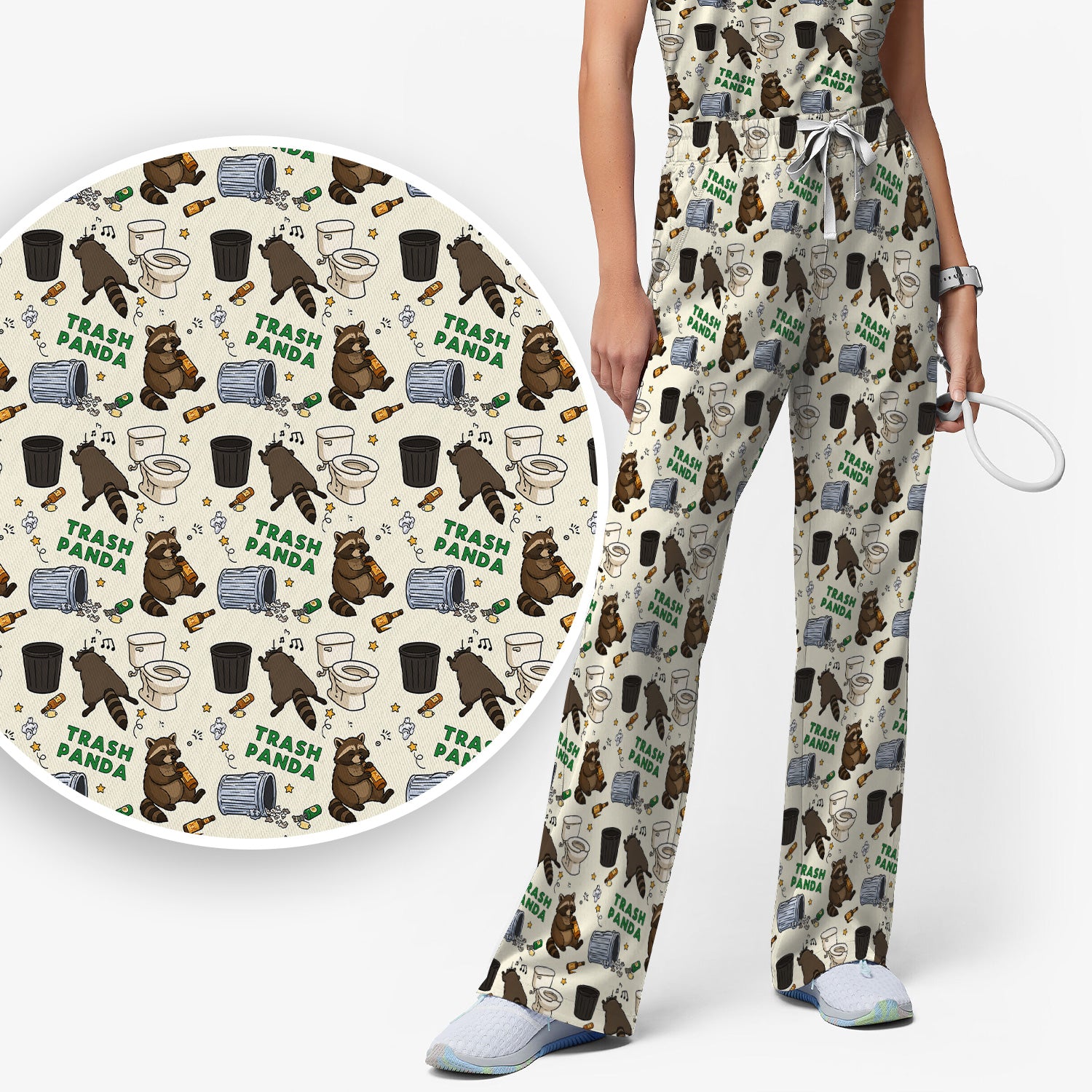 Funny Trash Panda Raccoon Scrub Set, Scrub Pants and V Neck Top