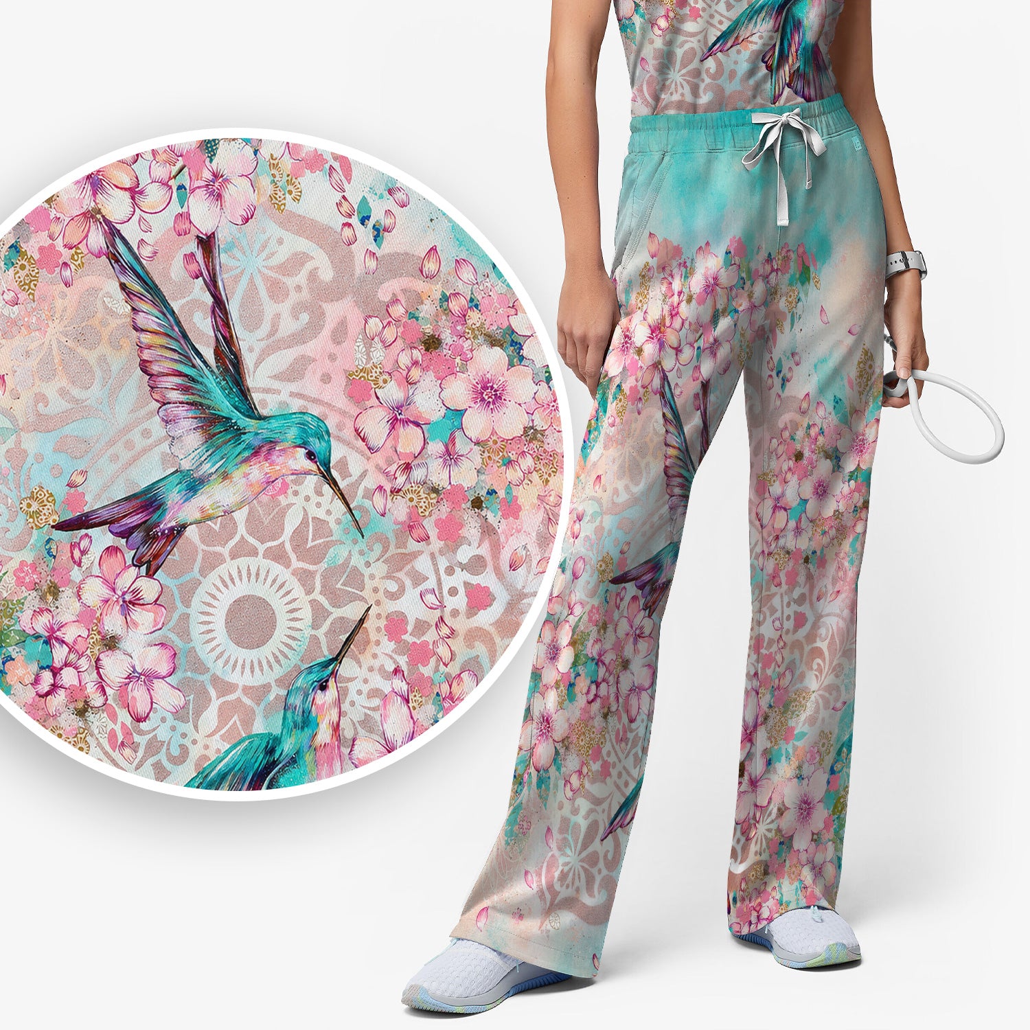 Charming Hummingbird Cherry Blossom Pattern Scrub Set, Scrub Pants and V Neck Top