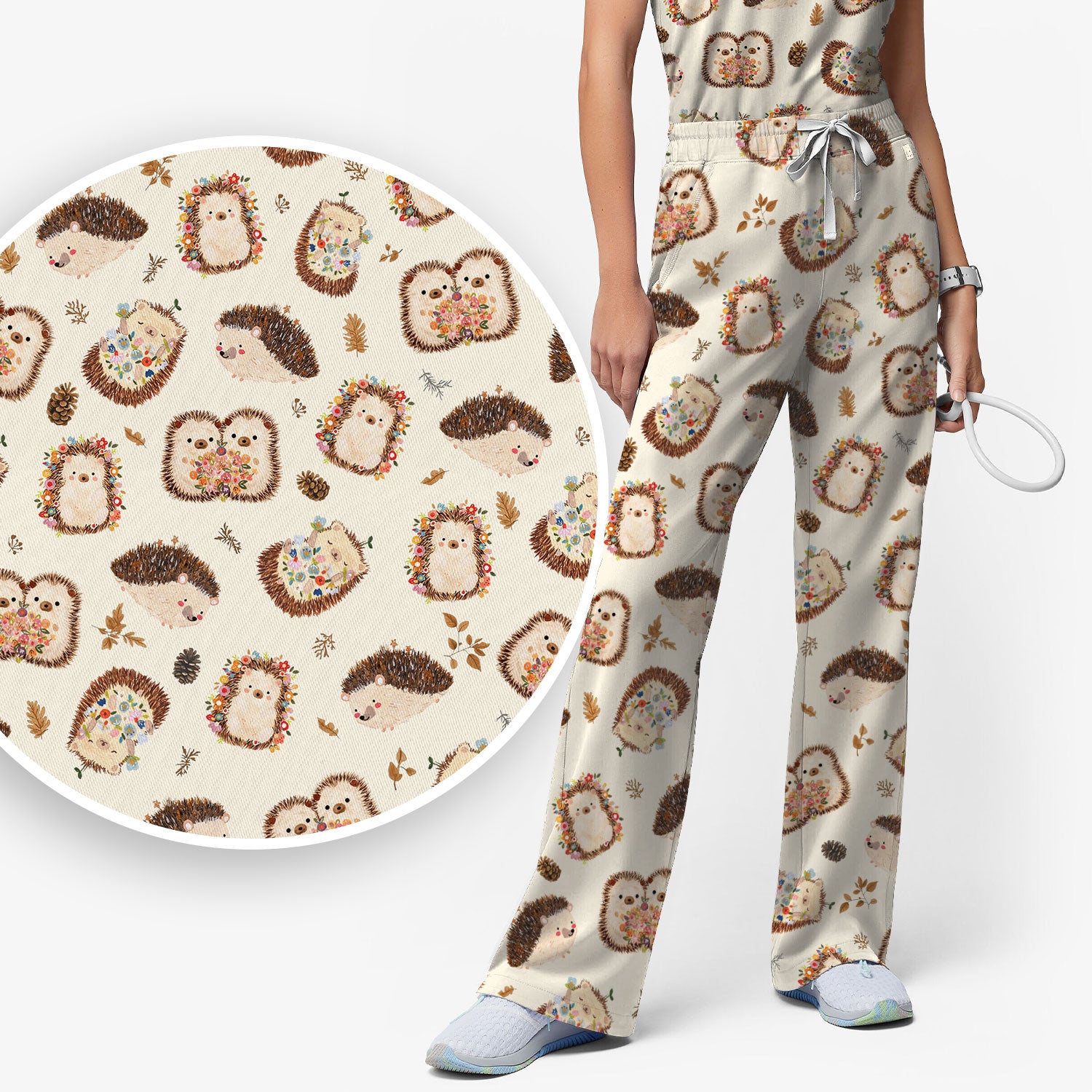 Cute Hedgehog Floral Scrub Set, Breathable Med Uniform