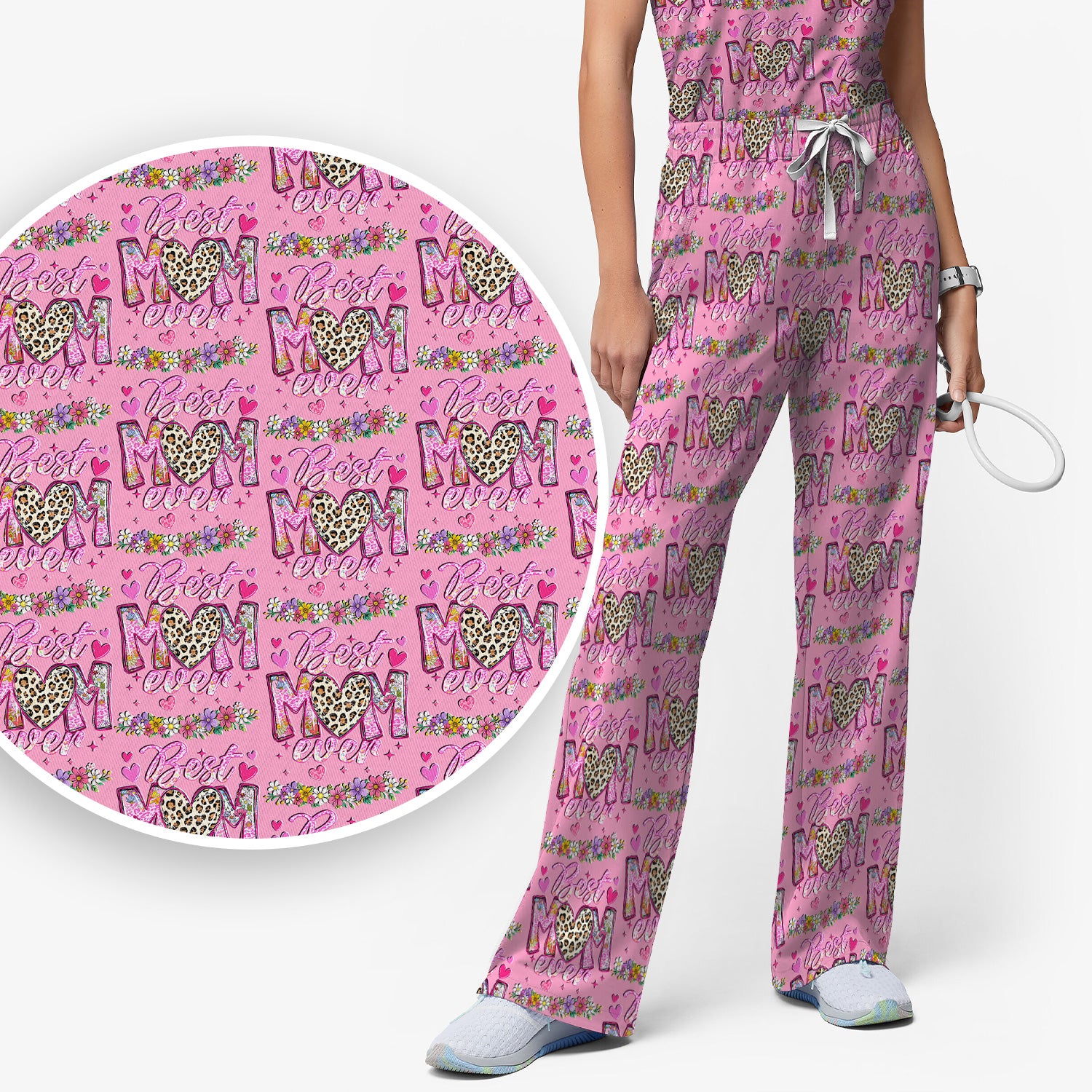 Best Mom Ever Leopard Heart Floral Pattern Scrub Set, Nurse Uniform Scrubs Set