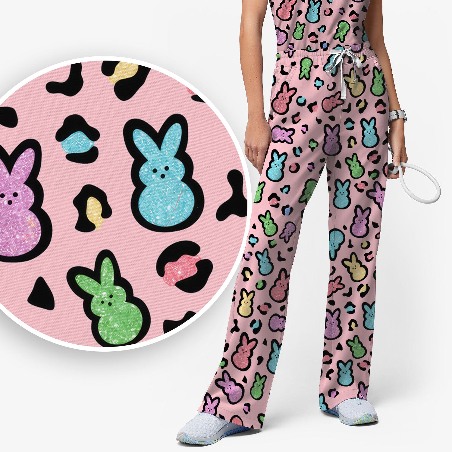 Cute Easter Bunny Pastel Pattern Scrub Set, Scrub Pants and V Neck Top