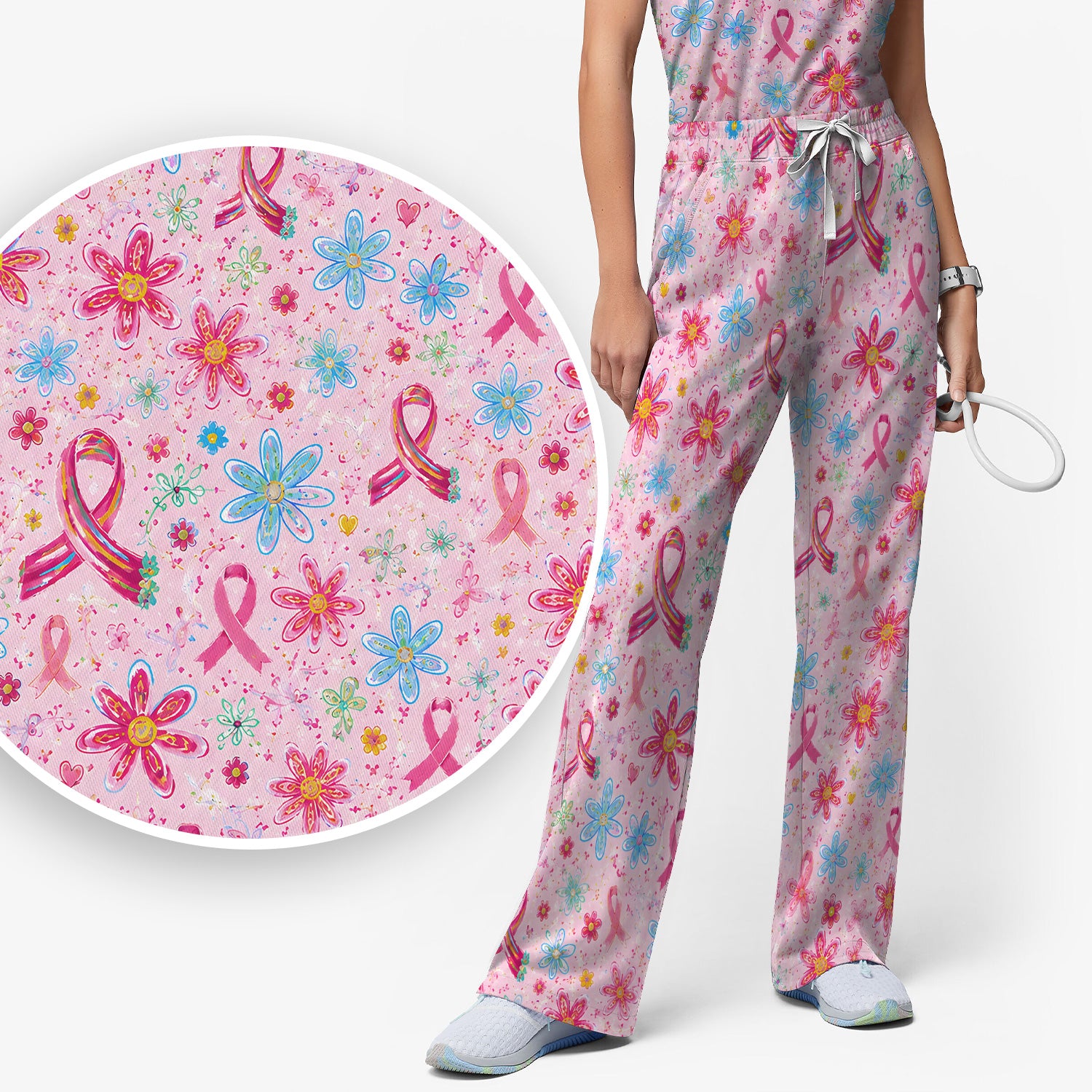 Floral Breast Cancer Awareness Print Scrub Set, Scrub Pants and V Neck Top