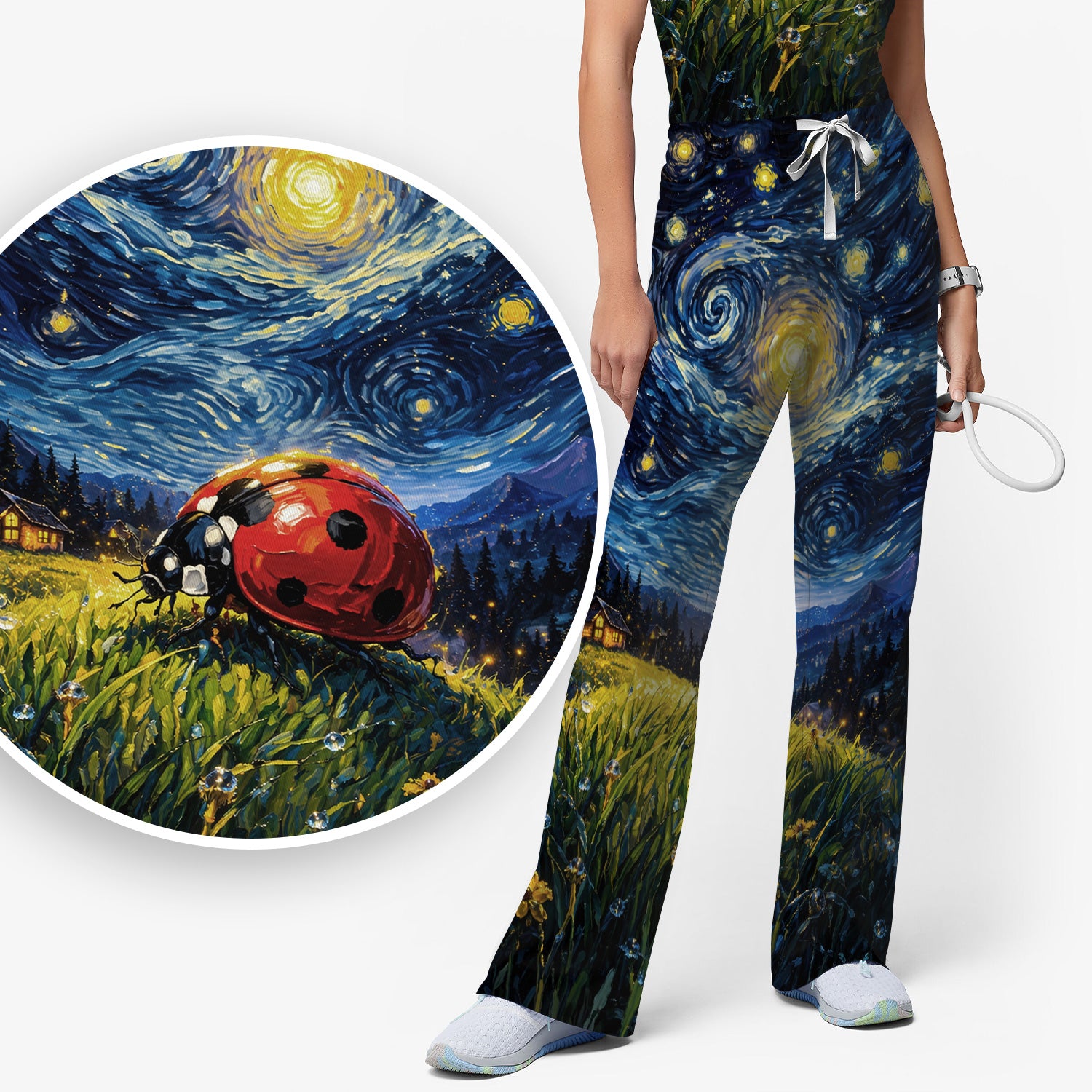 Swirl Night Sky Ladybug Landscape Art Print Scrub Set, Scrub Pants and V Neck Top