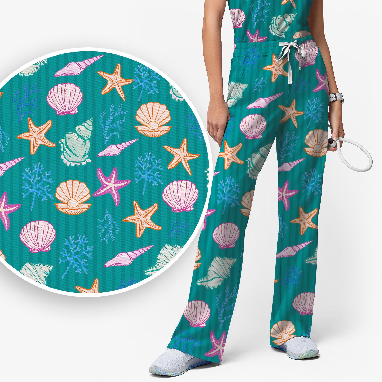Colorful Seashell Starfish Ocean Stripe Pattern Scrub Set, Women's Scrub Sets