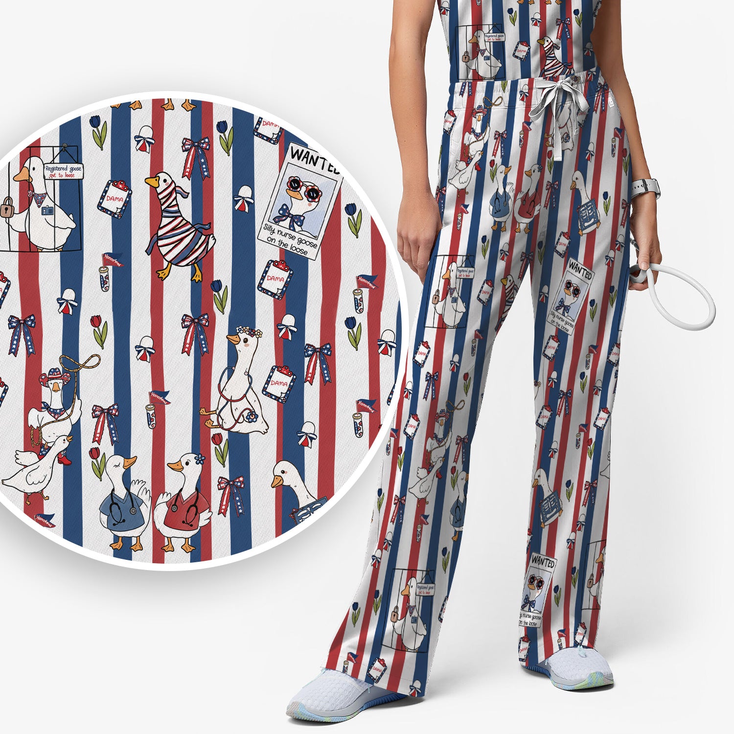 Funny Patriotic Goose Nurse Pattern Scrub Set, Scrub Pants and V Neck Top