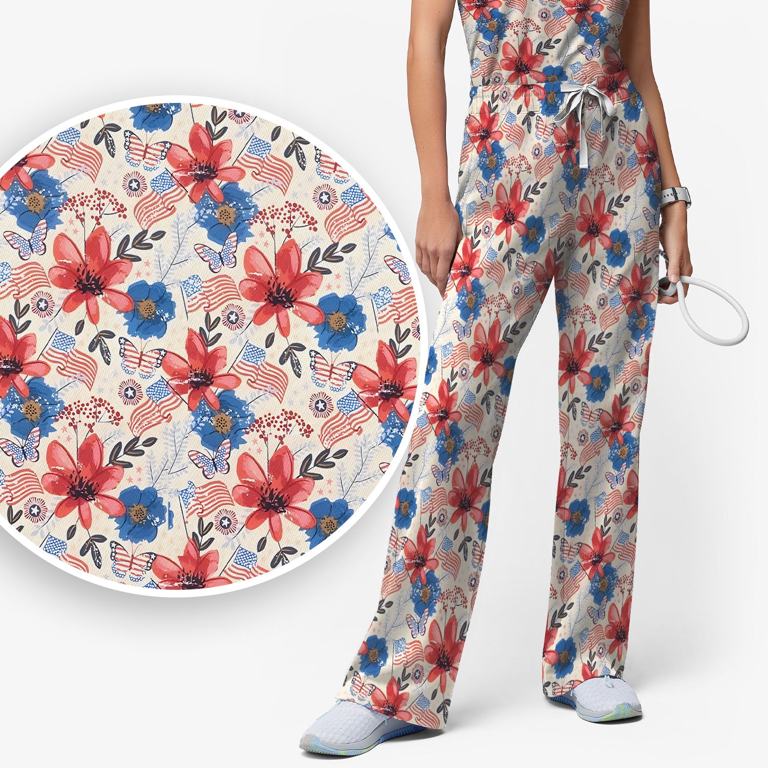 Patriotic Wildflower Flag Butterfly Pattern Scrub Set, Scrub Pants and V Neck Top
