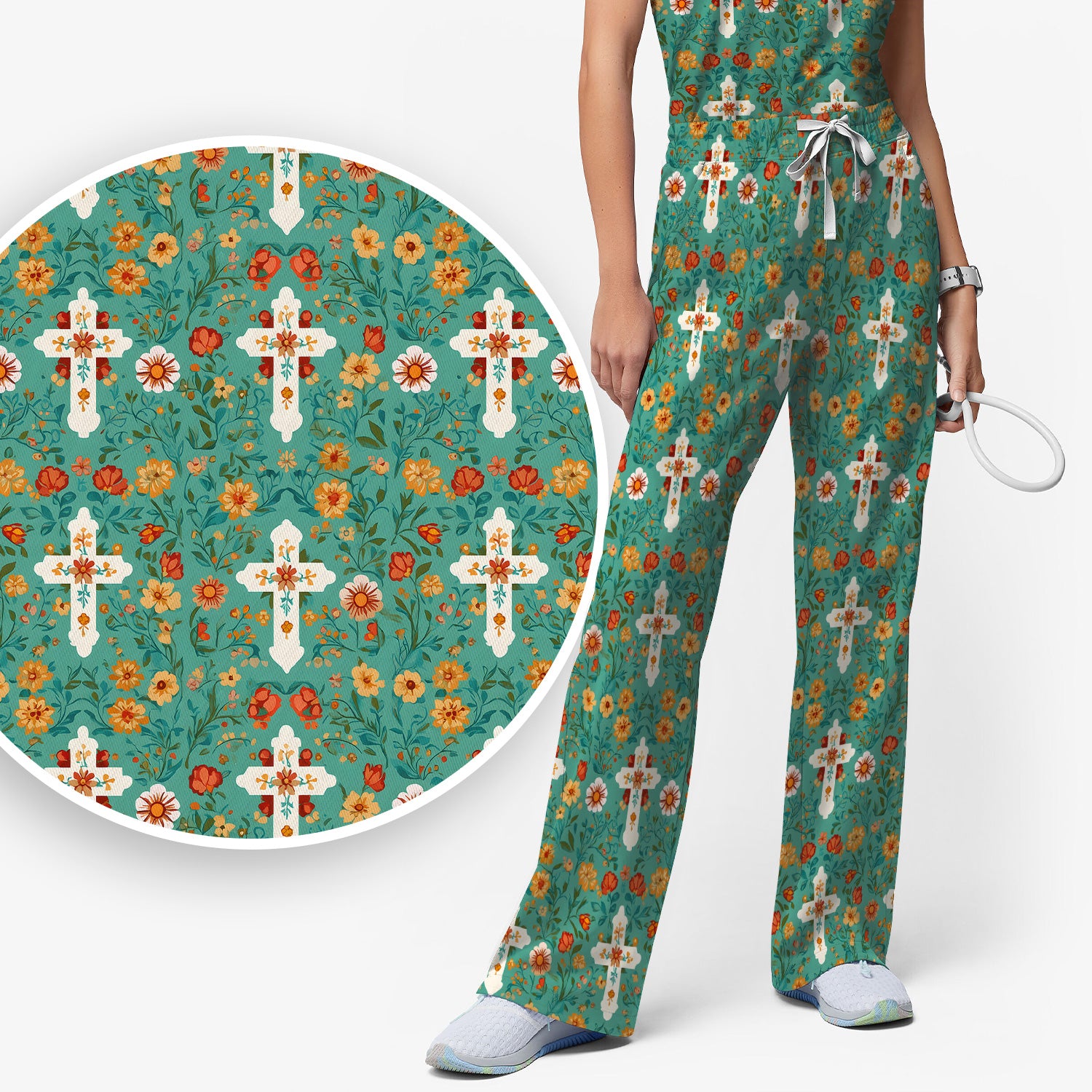 Christian Faith Floral Cross Pattern Scrub Set, Scrub Pants and V Neck Top