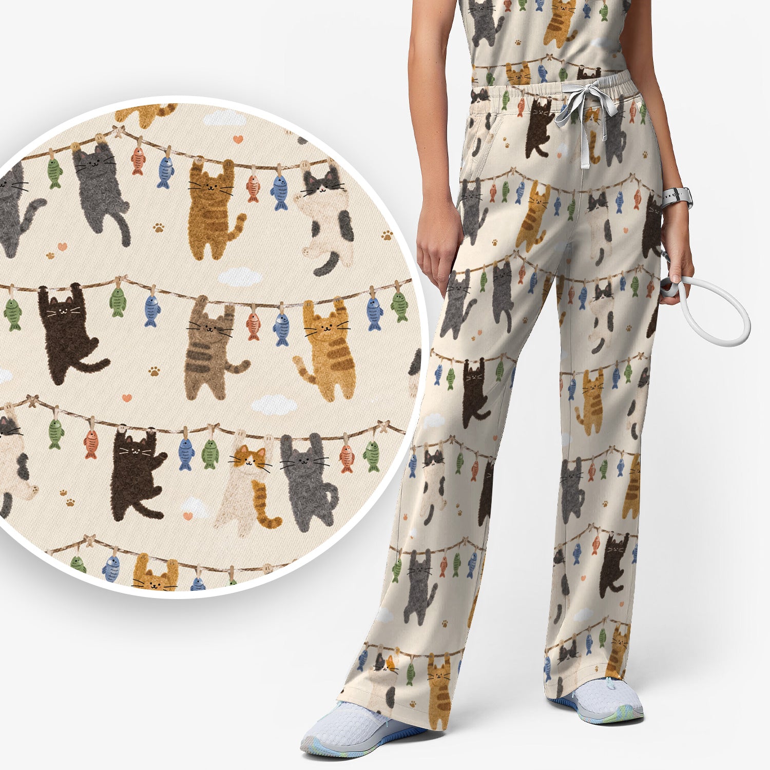 Cute Hanging Cat Fishline Pattern Scrub Set, Scrub Pants and V Neck Top