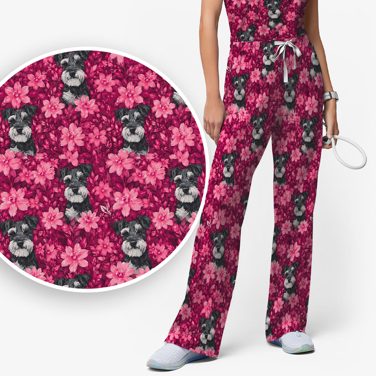 Pink Floral Schnauzer Pattern Scrub Set, Scrub Pants and V Neck Top