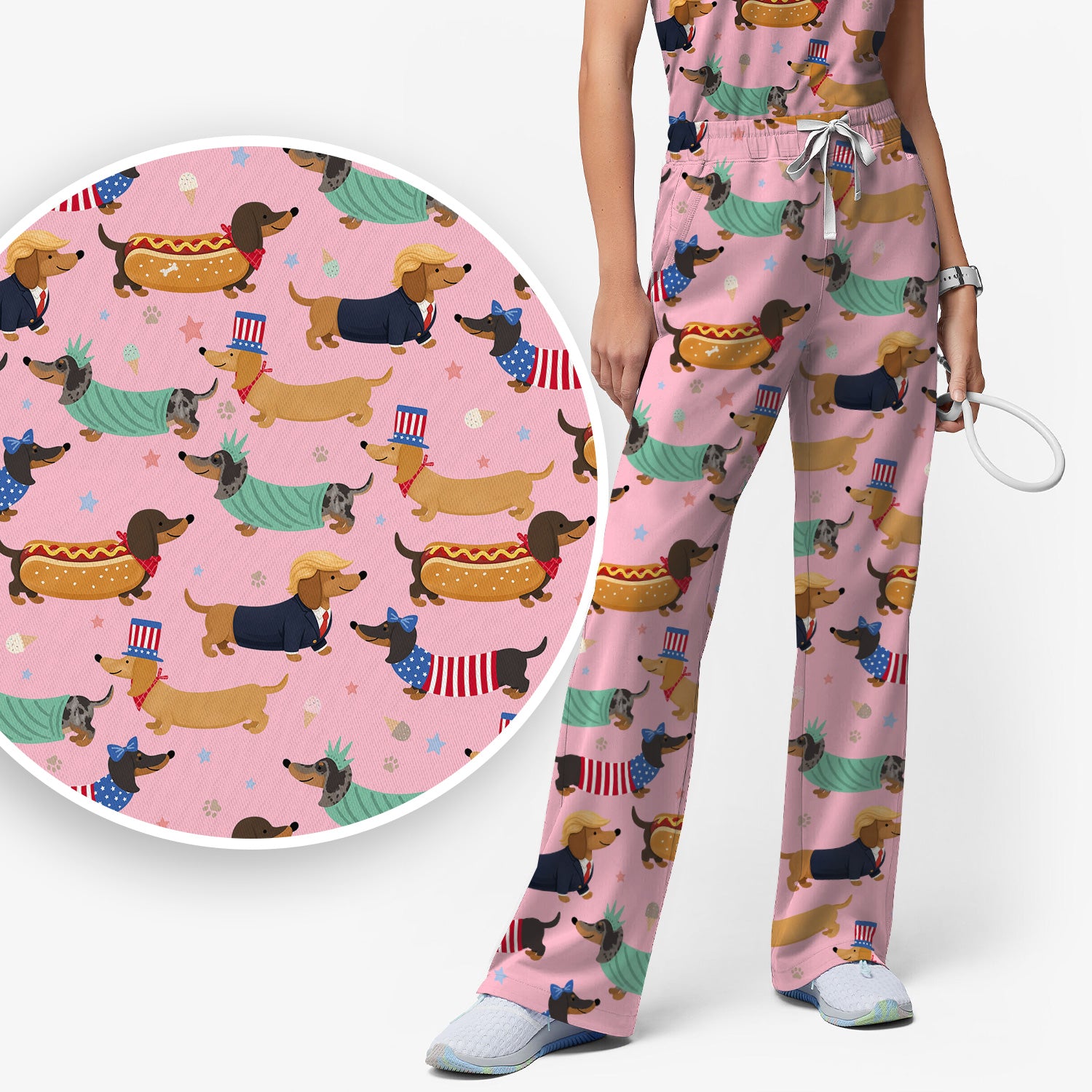 Funny Patriotic Dachshund Costume Dogs Scrub Set, Women's Scrub Sets