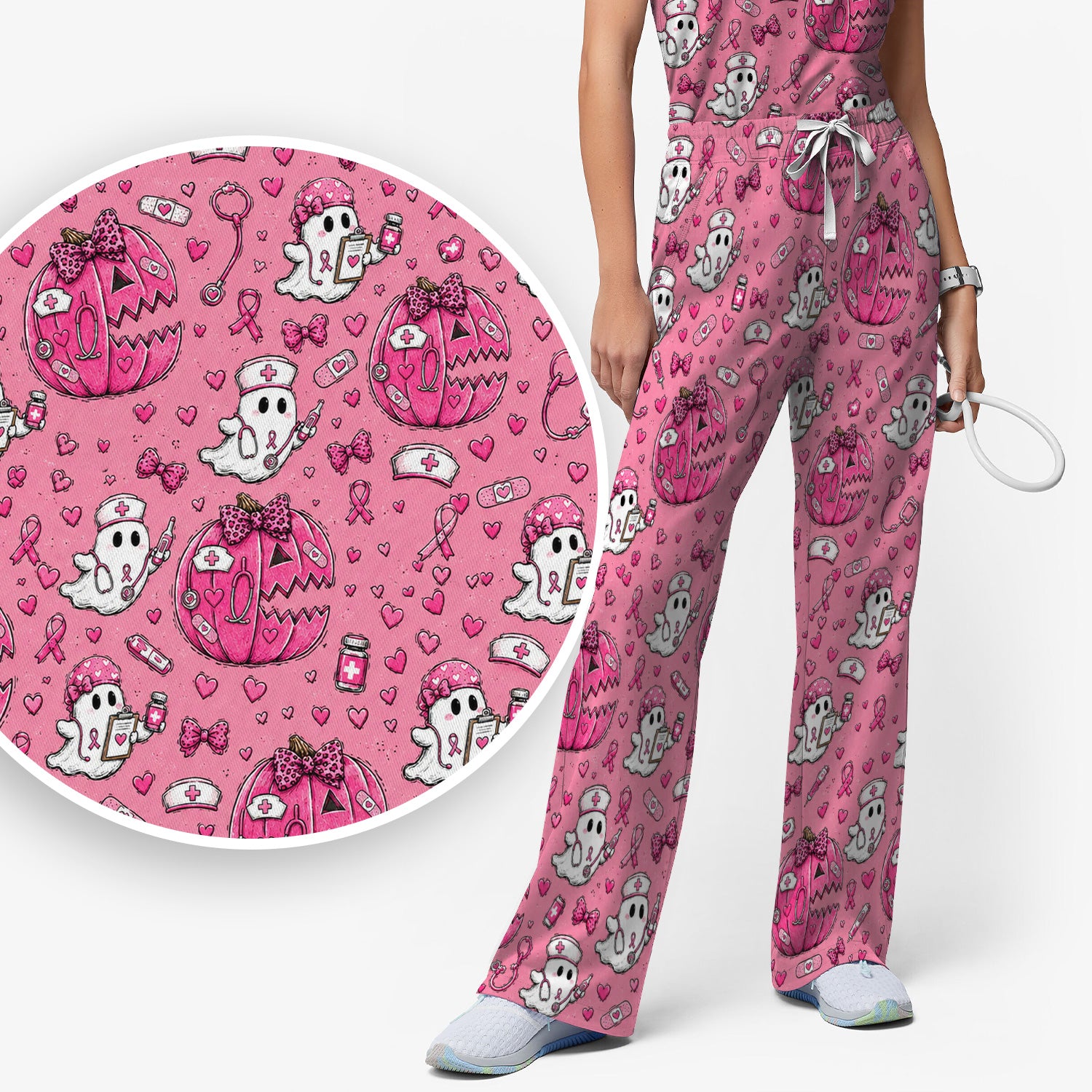 Pink Ribbon Ghost Pattern Scrub Set, Scrub Pants and V Neck Top
