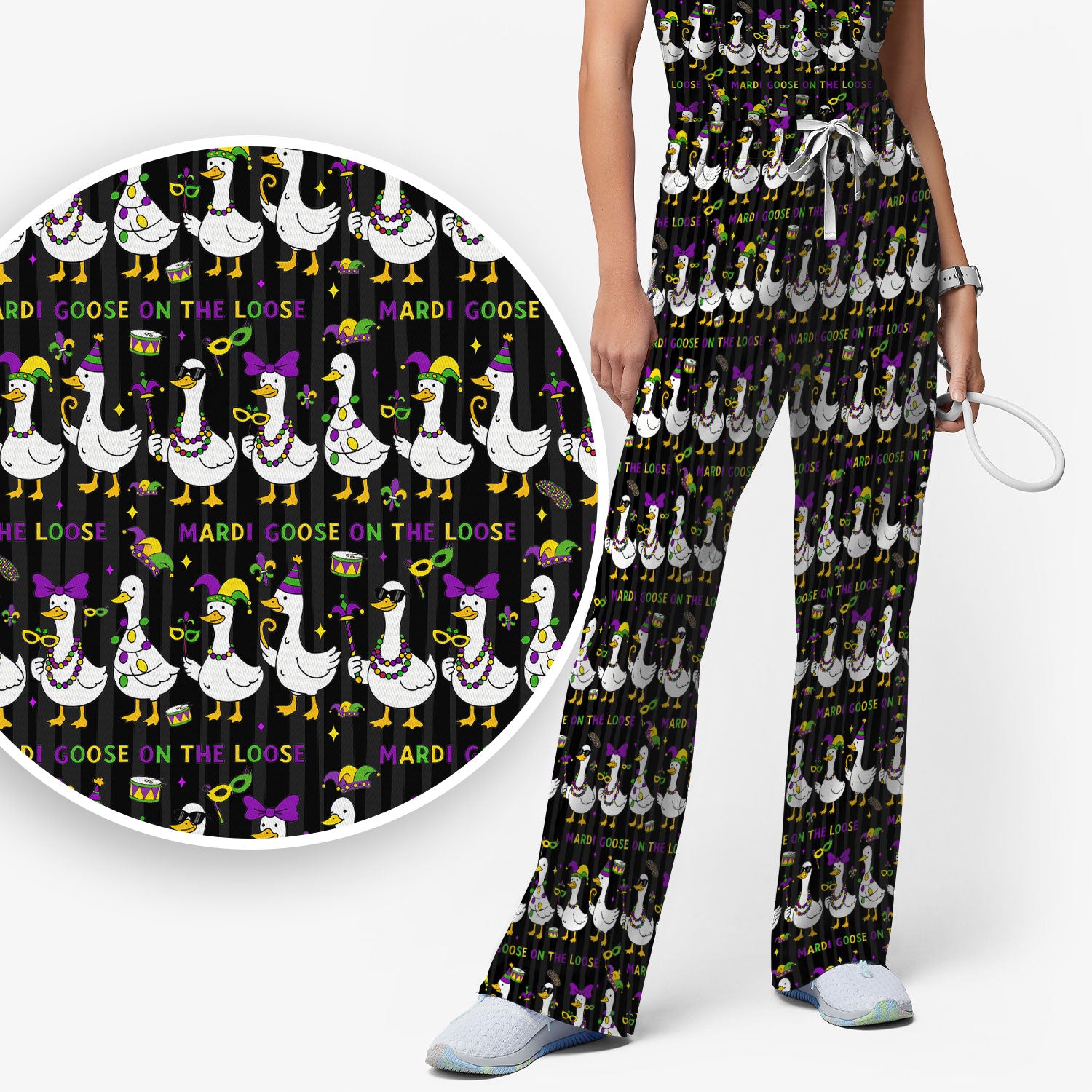 Mardi Gras Goose Nurse Scrub Set, Funny Carnival Medical Pattern Nurse Shirt, Breathable Fabrics Nursing Uniform