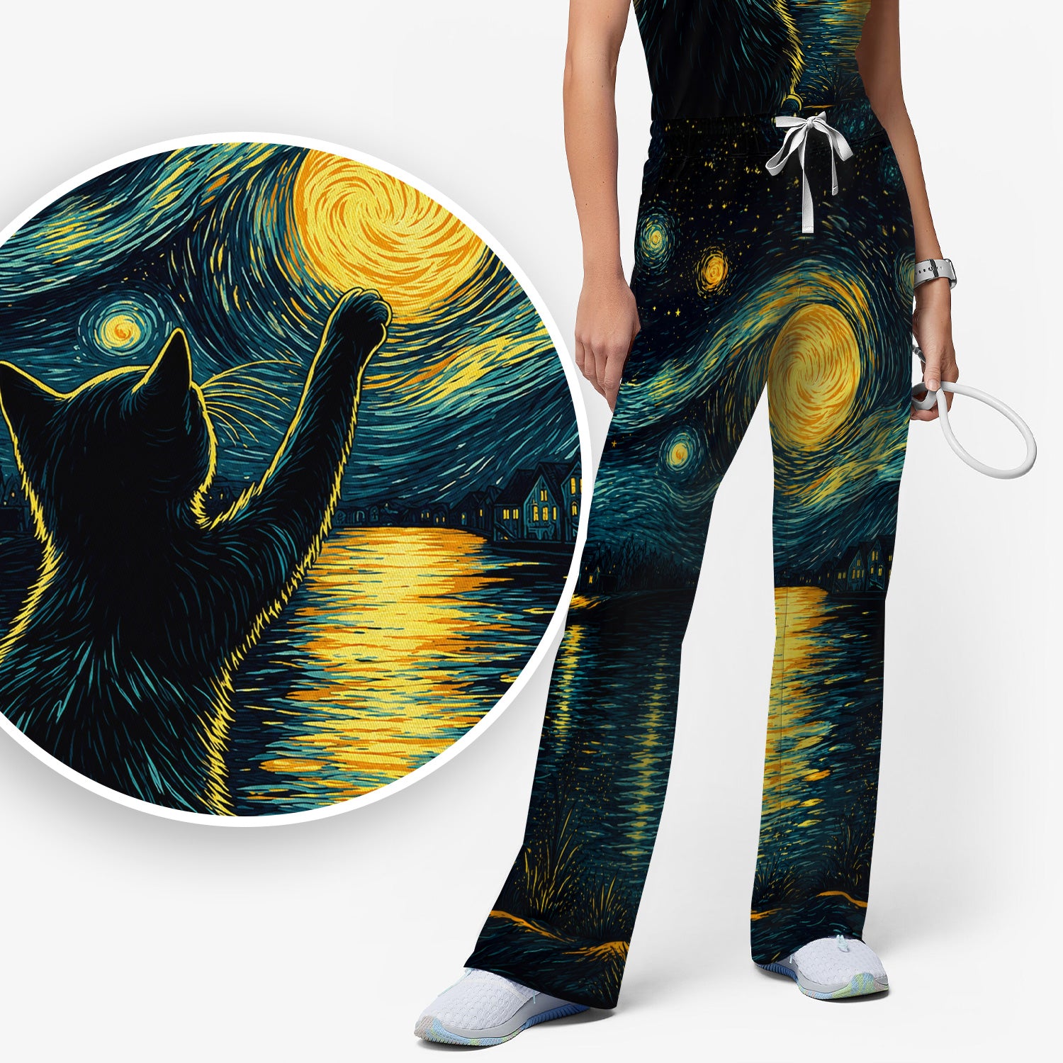 Starry Moonlit Black Cat Scrub Set, Scrub Pants and V Neck Top