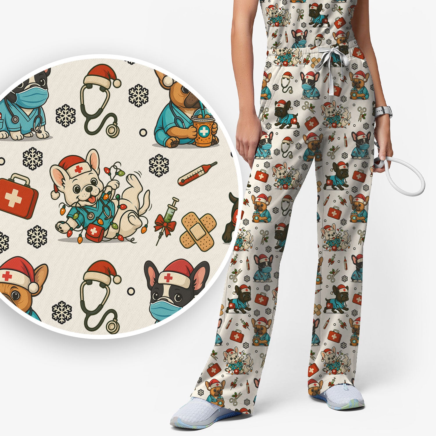 Christmas Dog Nurse Scrub Set for Women - Cute French Bulldog Pattern Scrub Top and Pants - Funny Holiday Nursing Outfit Gift for RN LPN CNA