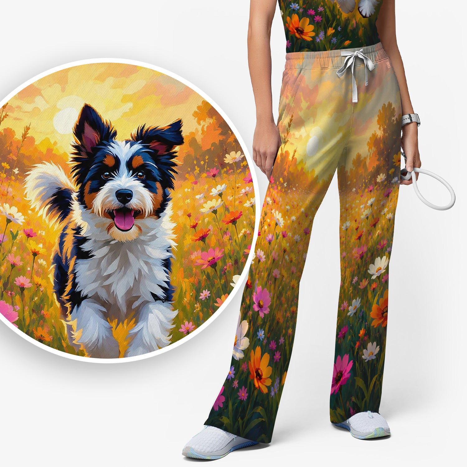Cute Floral Meadow Dog Print Scrub Set, Scrub Pants and V Neck Top