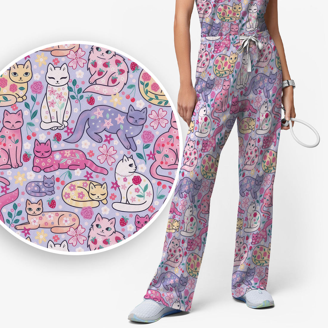 Funny Colorful Pastel Cats Floral Strawberry Print Set, Women's Scrub Sets