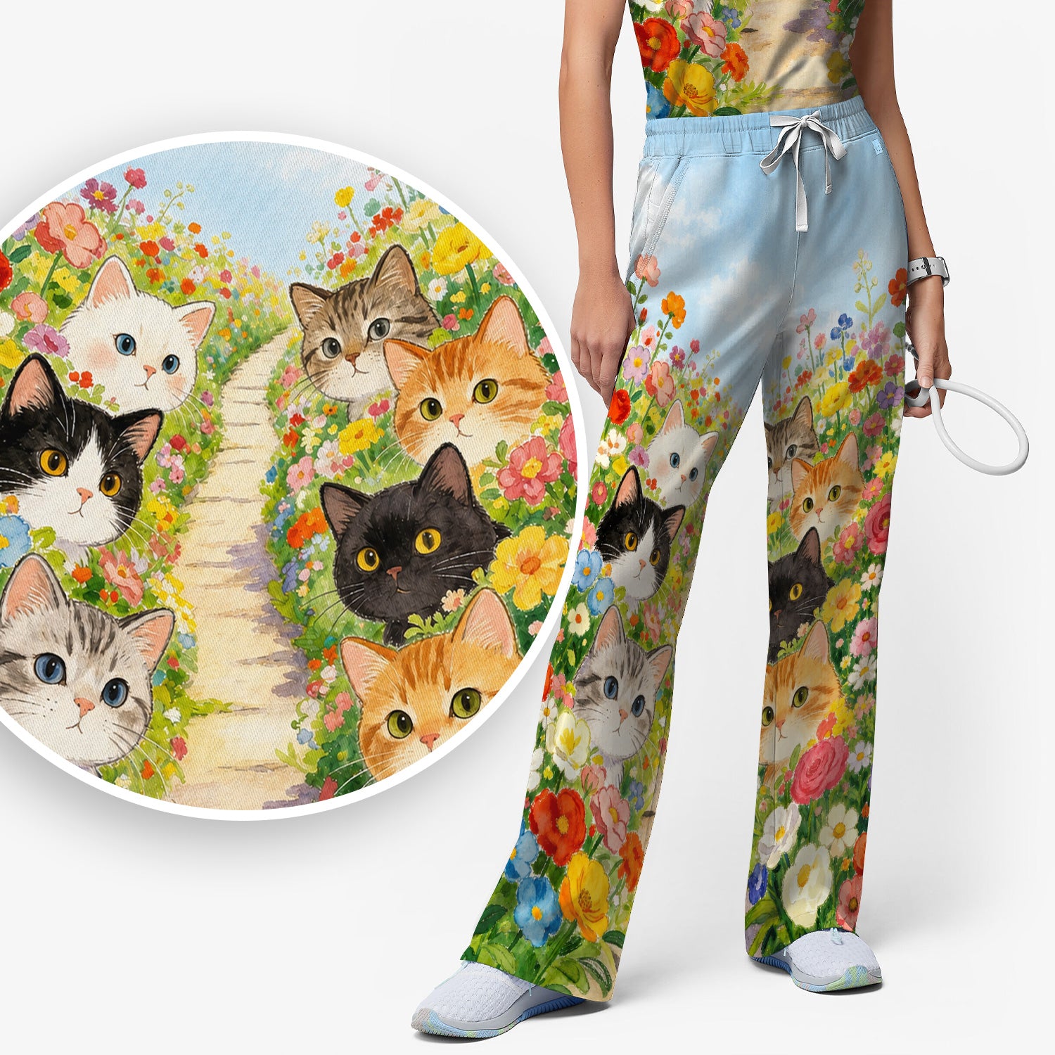 Cute Garden Cats Flower Path Pattern Scrub Set, Scrub Pants and V Neck Top