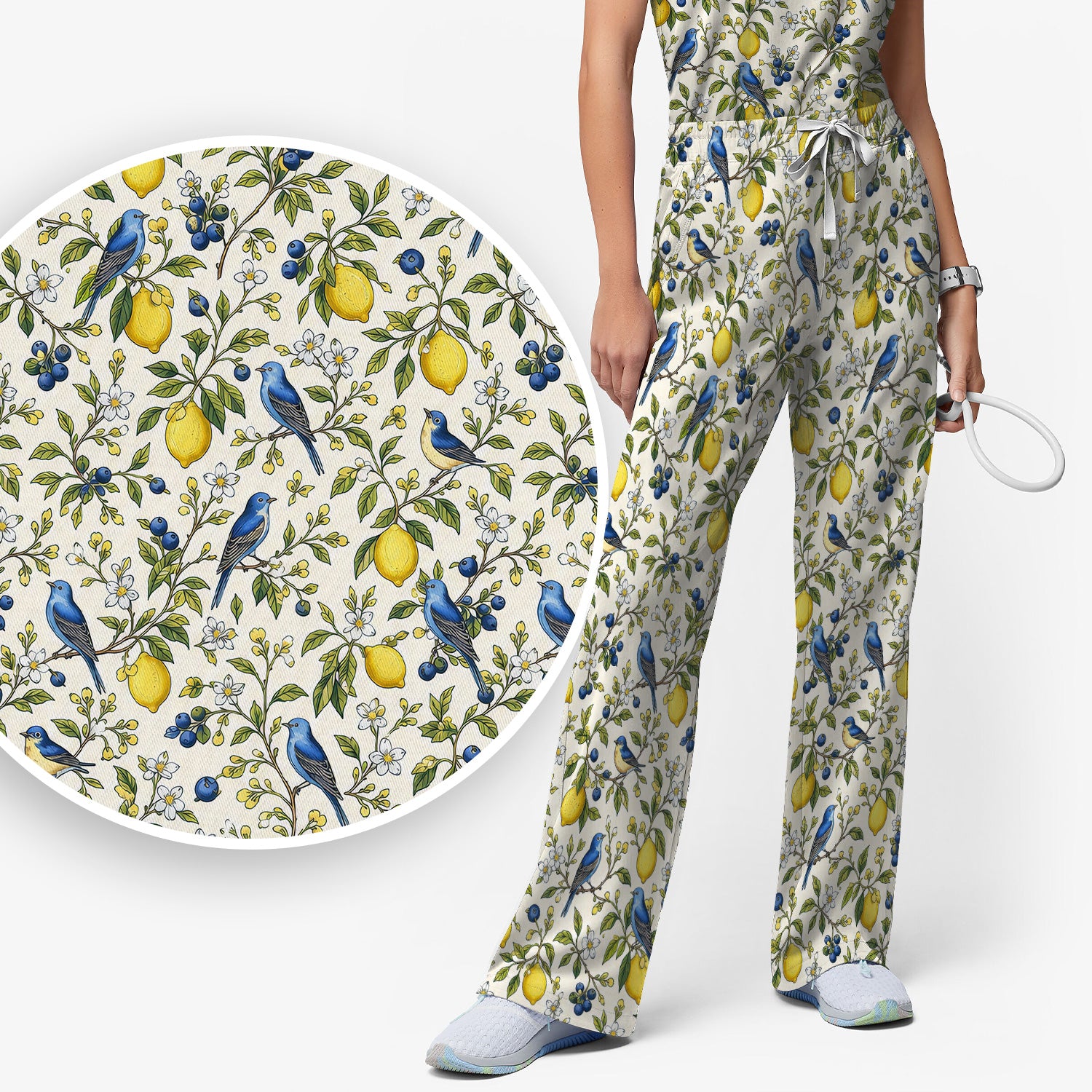 Bluebird Lemon Blossom Pattern Scrub Set, Scrub Pants and V Neck Top