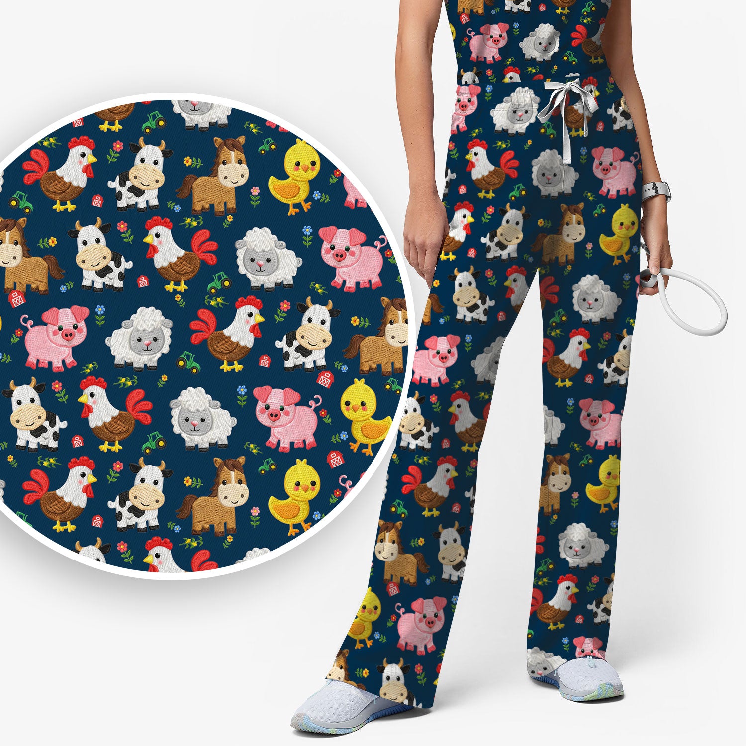 Cartoon Farm Animal Pattern Scrub Set, Breathable Med Uniform