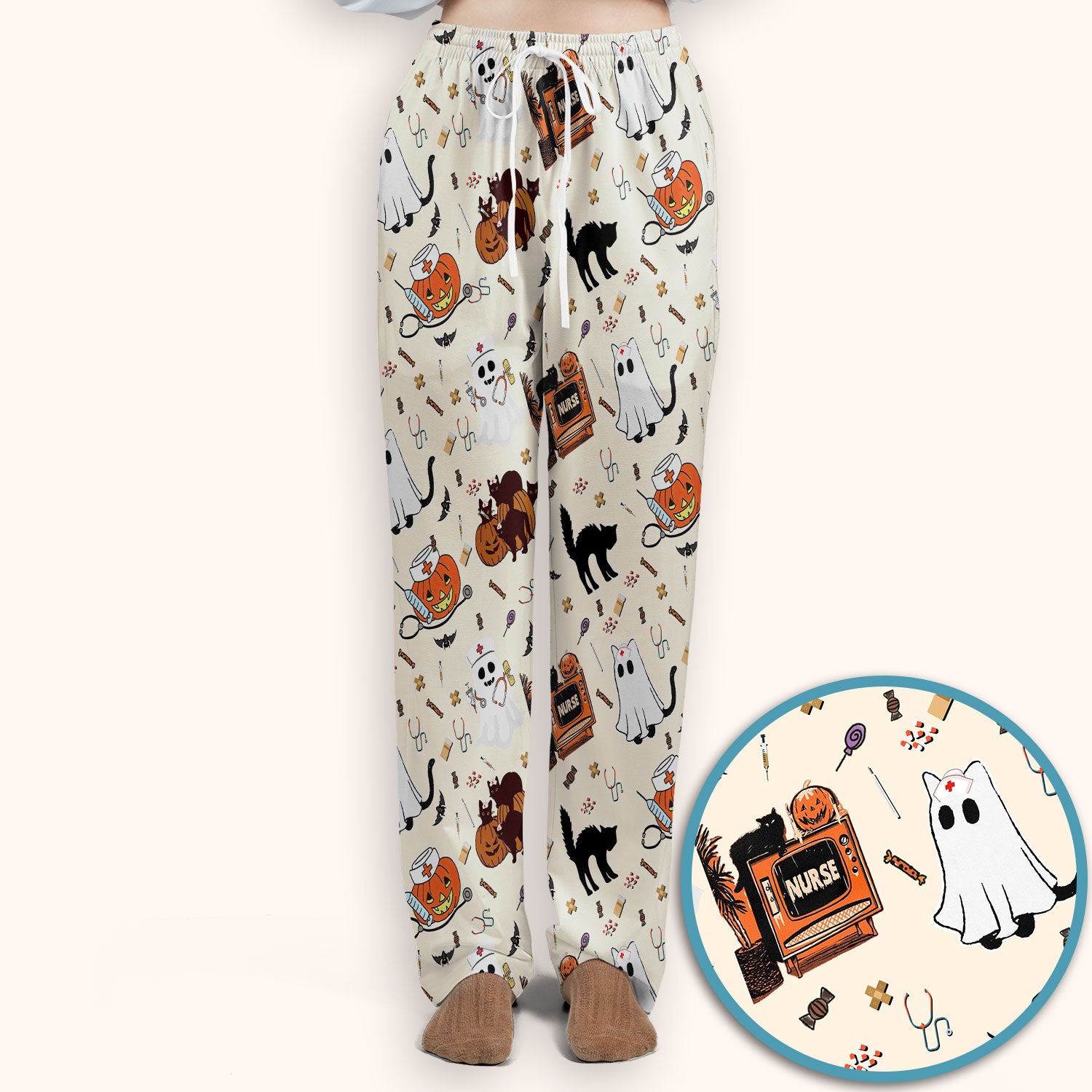 Halloween Scrub Set for Nurse - Cute Pumpkin Ghost Cat Medical Pants and V Neck Top - Spooky Uniform for Women RN CNA LPN
