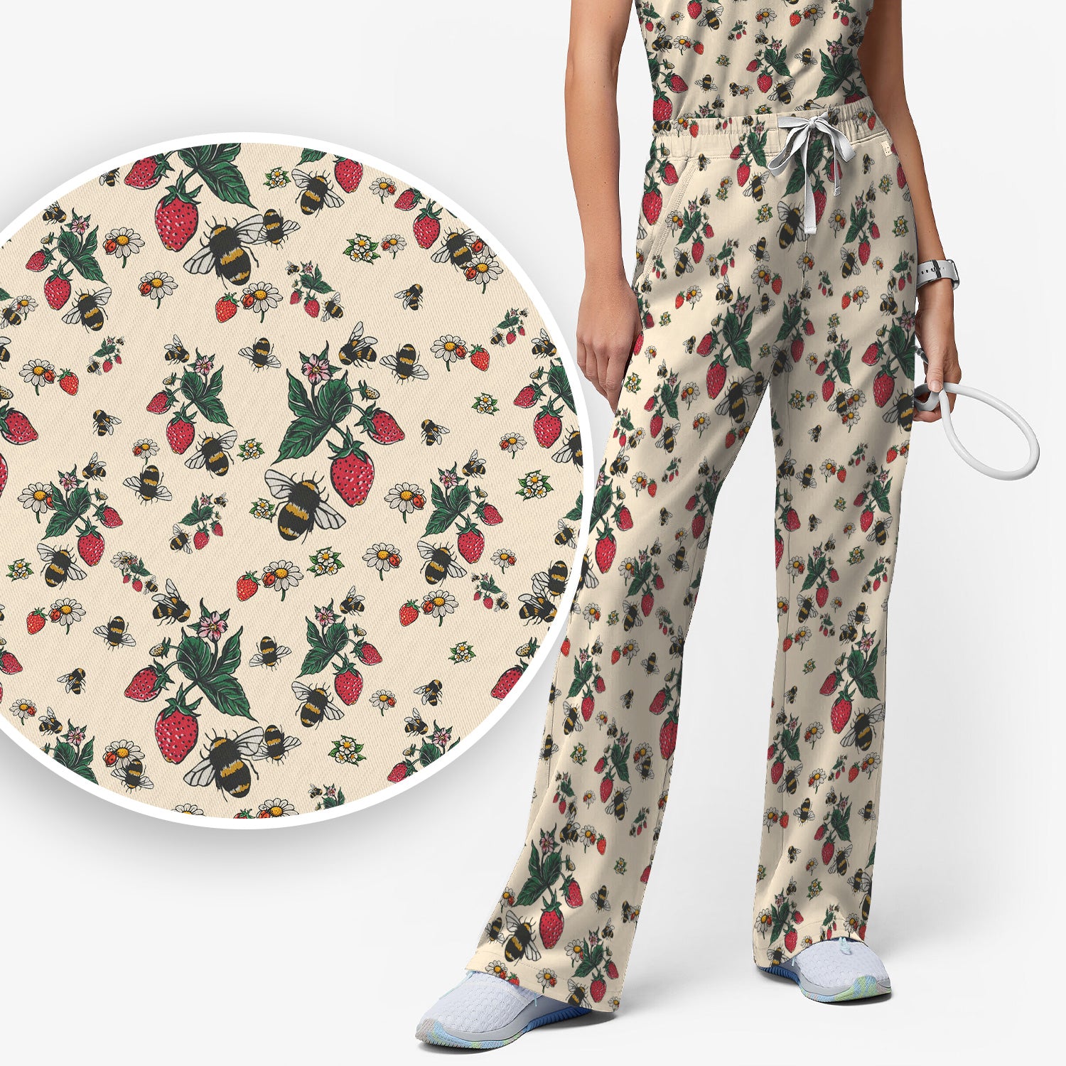 Cute Strawberry Bee Daisy Floral Pattern Scrub Set, Scrub Pants and V Neck Top