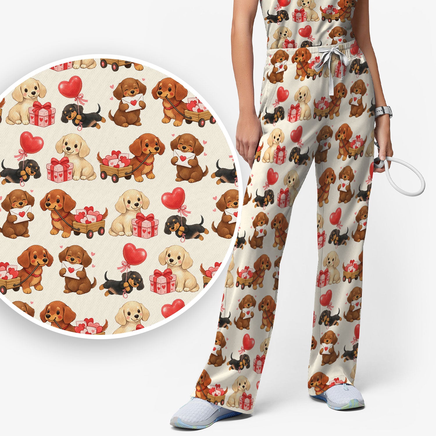 Cute Dachshund Nurse Scrub Set For Nurses, Wiener Dog Pattern Nurse Shirt, Breathable Fabrics Nursing Uniform