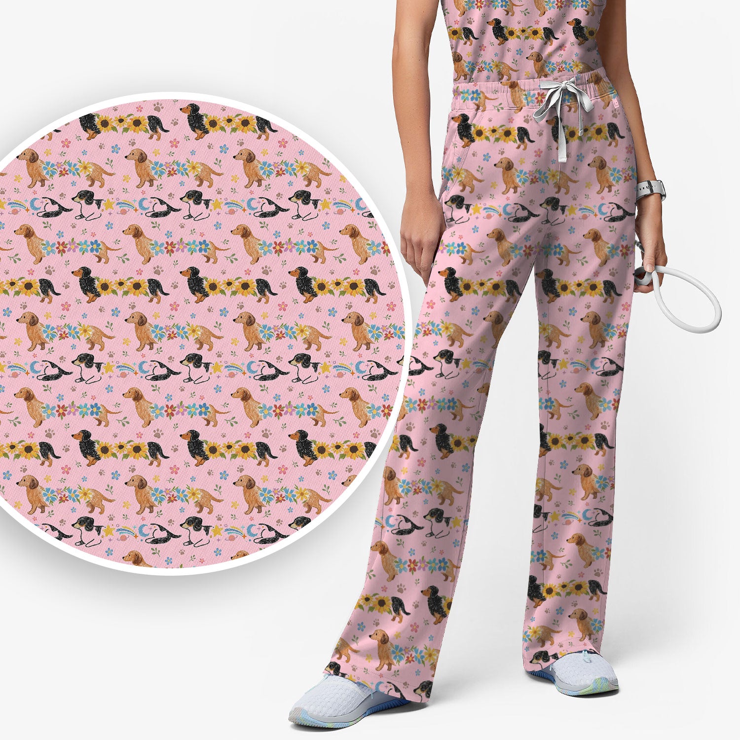 Floral Wiener Dog Pattern Scrub Set, Scrub Pants and V Neck Top