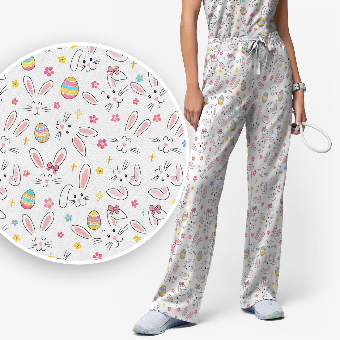Easter Bunny Faces And Pastel Egg Print Scrub Set, Scrub Pants and V Neck Top