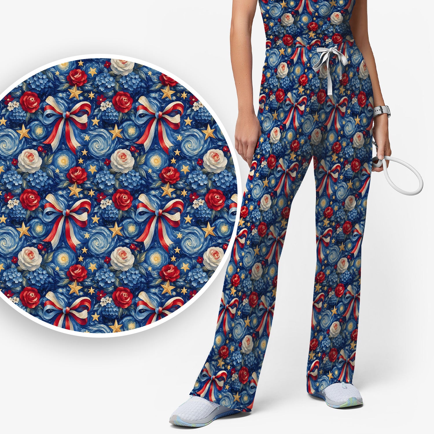 Patriotic Starry Bow Nurse for RN, CNA, Healthcare Workers Scrub Set, Scrub Pants and V Neck Top