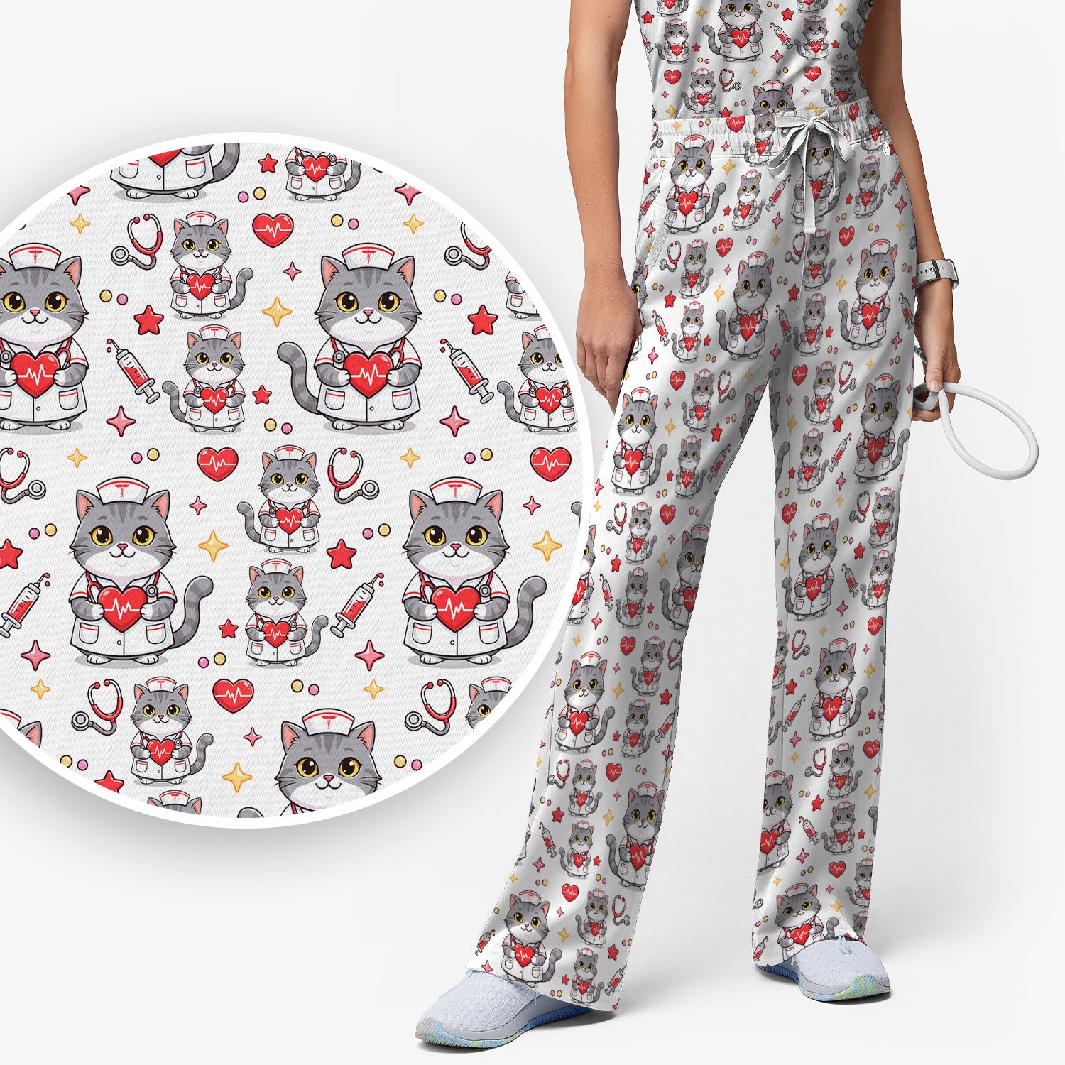 Cute Nurse Cat Heart Medical Print Scrub Set, Scrub Pants and V Neck Top