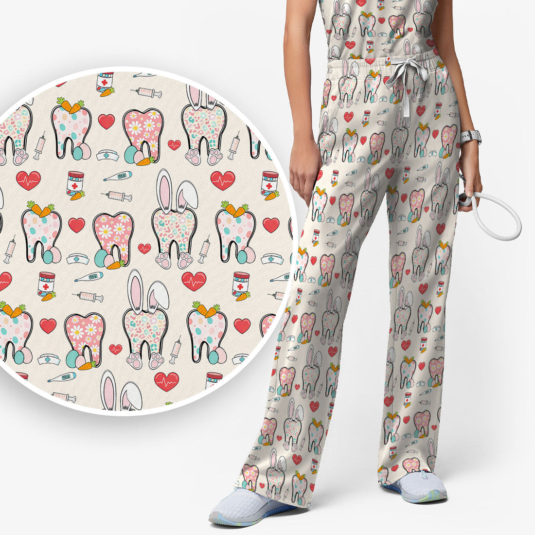 Playful Bunny Dentist Illustration Medical Set, Scrub Pants and V Neck Top