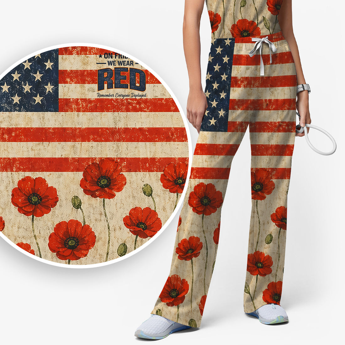 Patriotic American Flag Poppy Flower Pattern Scrub Set, Scrub Pants and V Neck Top