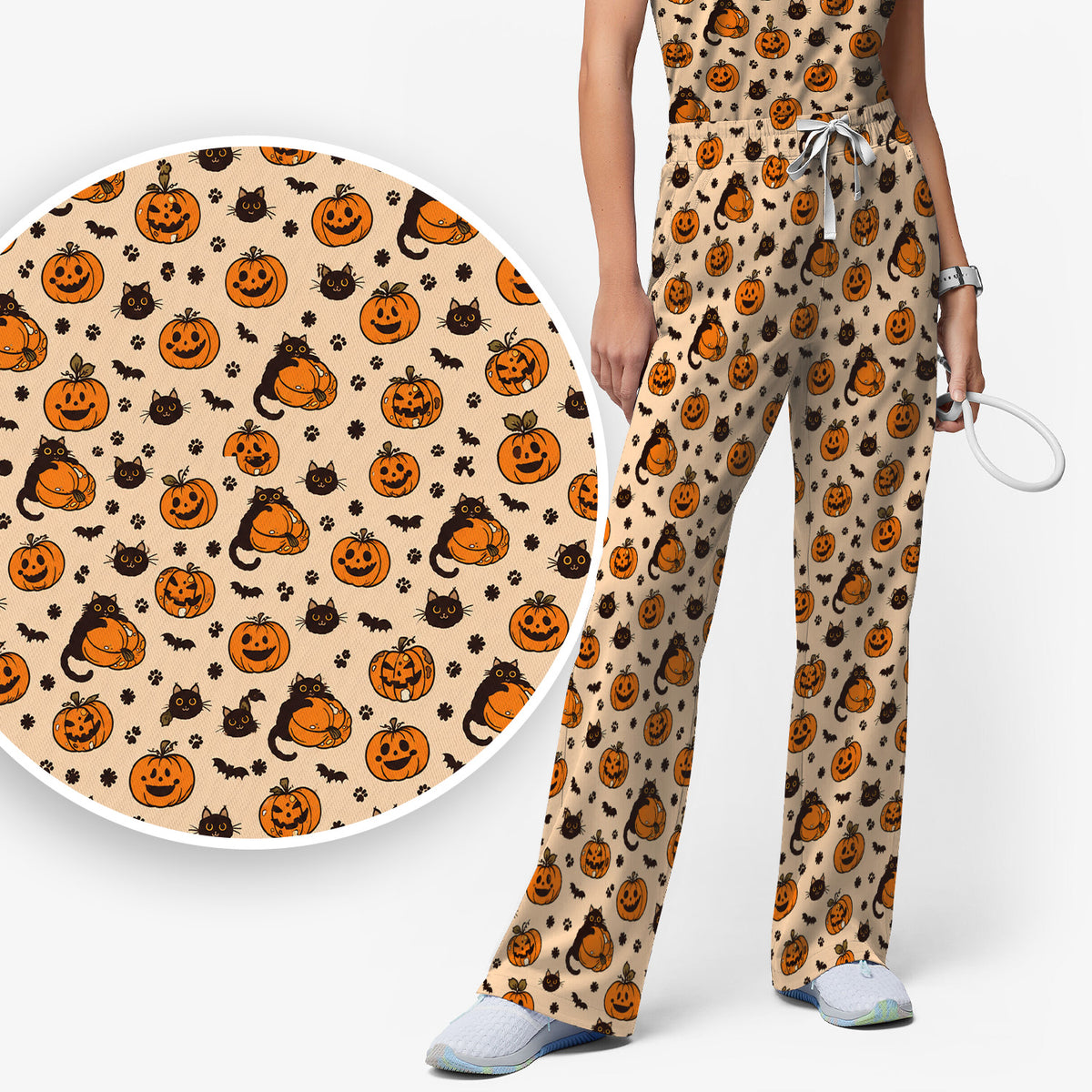 Cute Halloween Black Cat And Pumpkins Scrub Set, Scrub Pants and V Neck Top