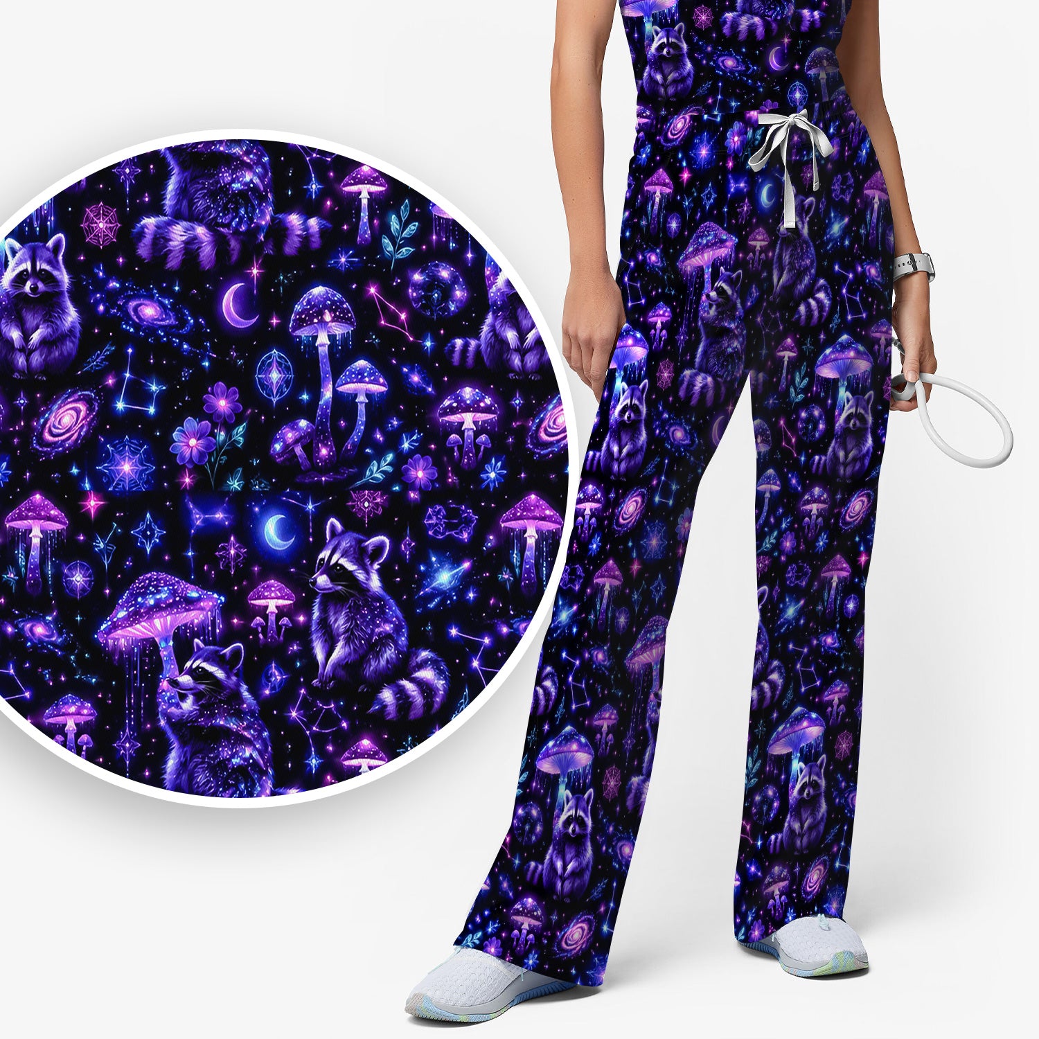 Cosmic Raccoon Mushroom Print Scrub Set, Scrub Pants and V Neck Top