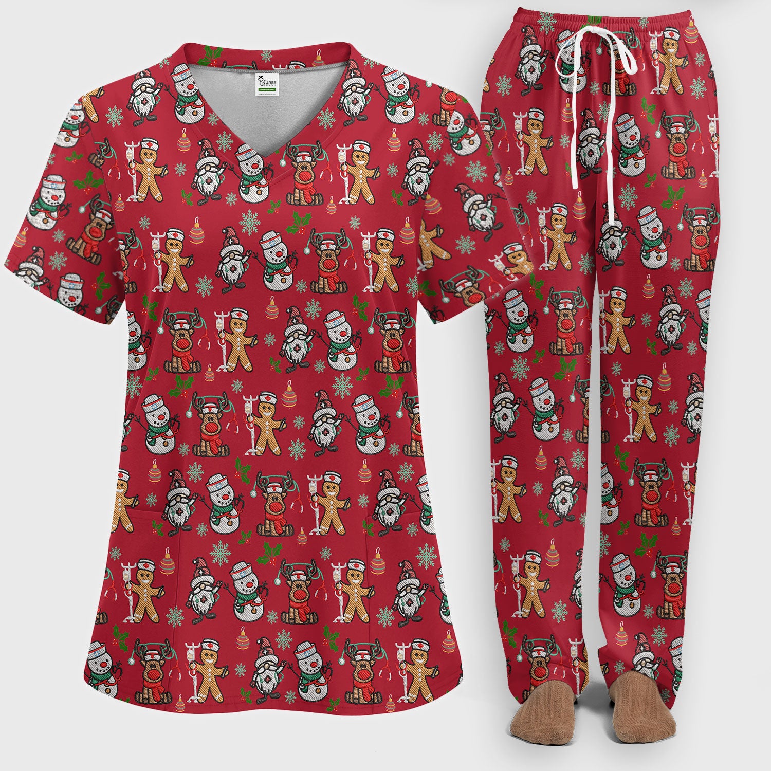 Reindeer Christmas Women's Scrub Sets - Gingerbread Cookies and Santa Claus Medical Uniform - Comfortable Scrubs for Nurses