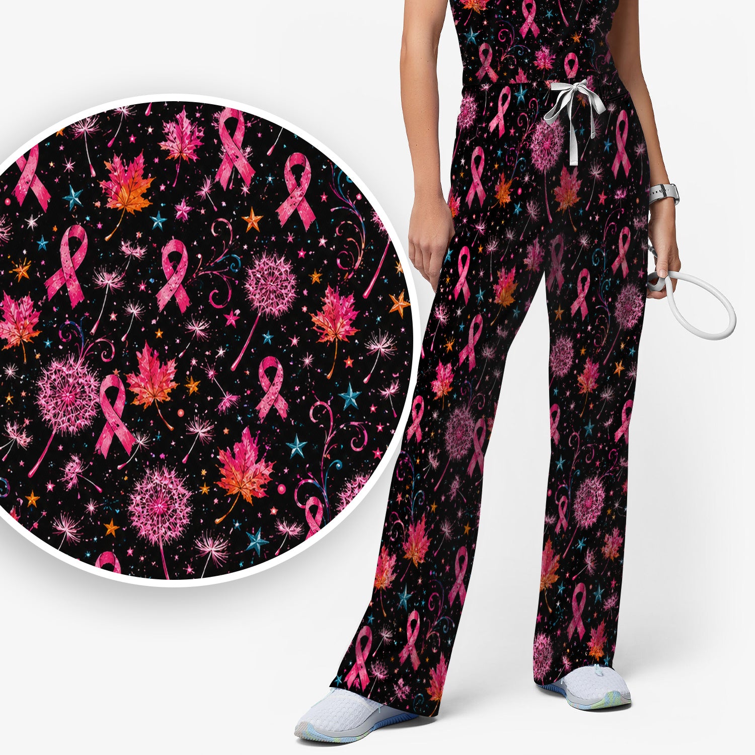 Breast Cancer Awareness Pink Ribbon Fall Scrub Set, Scrub Pants and V Neck Top