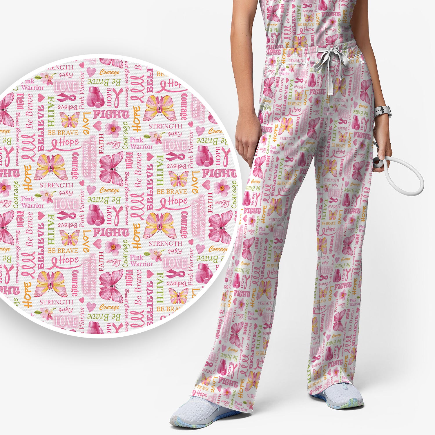 Pink Ribbon Butterfly Print Scrub Set, Scrub Pants and V Neck Top