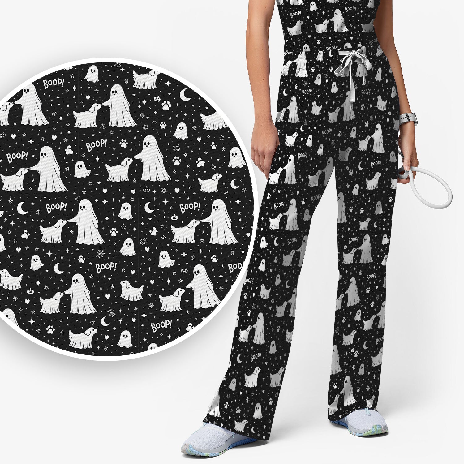 Halloween Ghost Boop Dog Pattern Scrub Set, Scrub Pants and V Neck Top