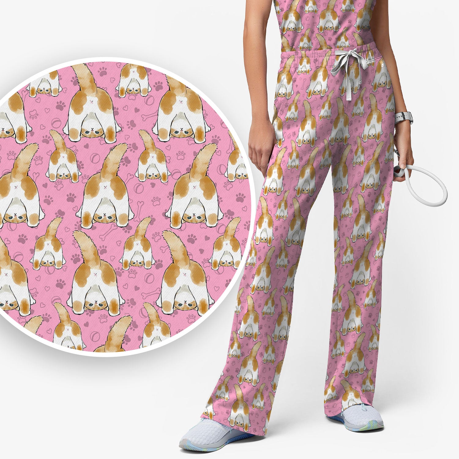 Cute Cat Butt Nurse Scrub Set, Cat Pattern Medical Shirt For Pet Lover, Breathable Fabrics Nursing Uniform