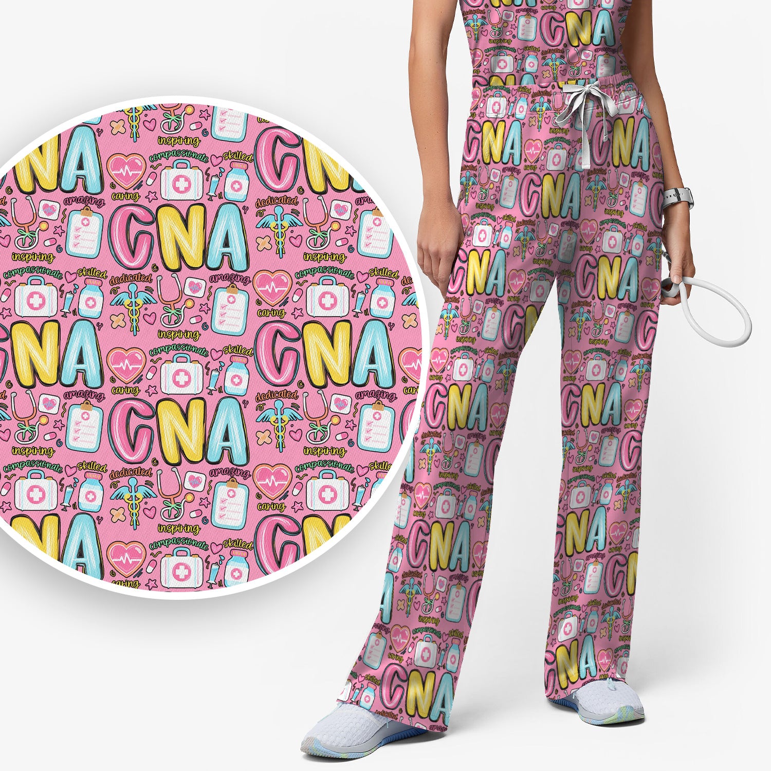 CNA Nurse Appreciation Pattern Scrub Set, Breathable Med Uniform