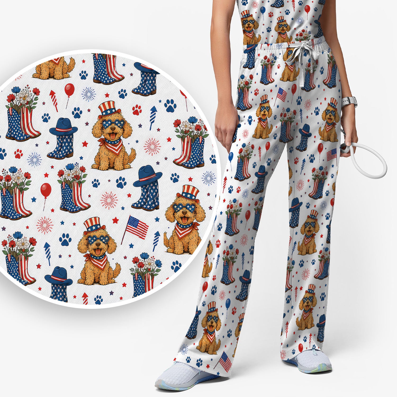 Patriotic Puppy Cowboy Boots Pattern Scrub Set, Scrub Pants and V Neck Top