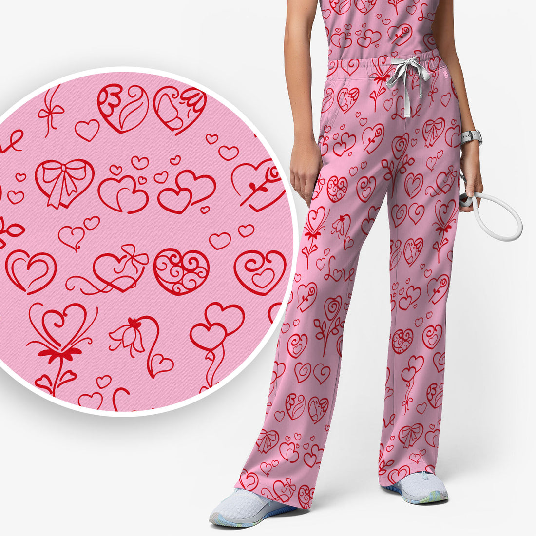 Cute Valentine Heart Scrub Set, Artistic Heart Pink Love Line Art Pattern Nurse Shirt, Comfortable Scrubs For Nursing