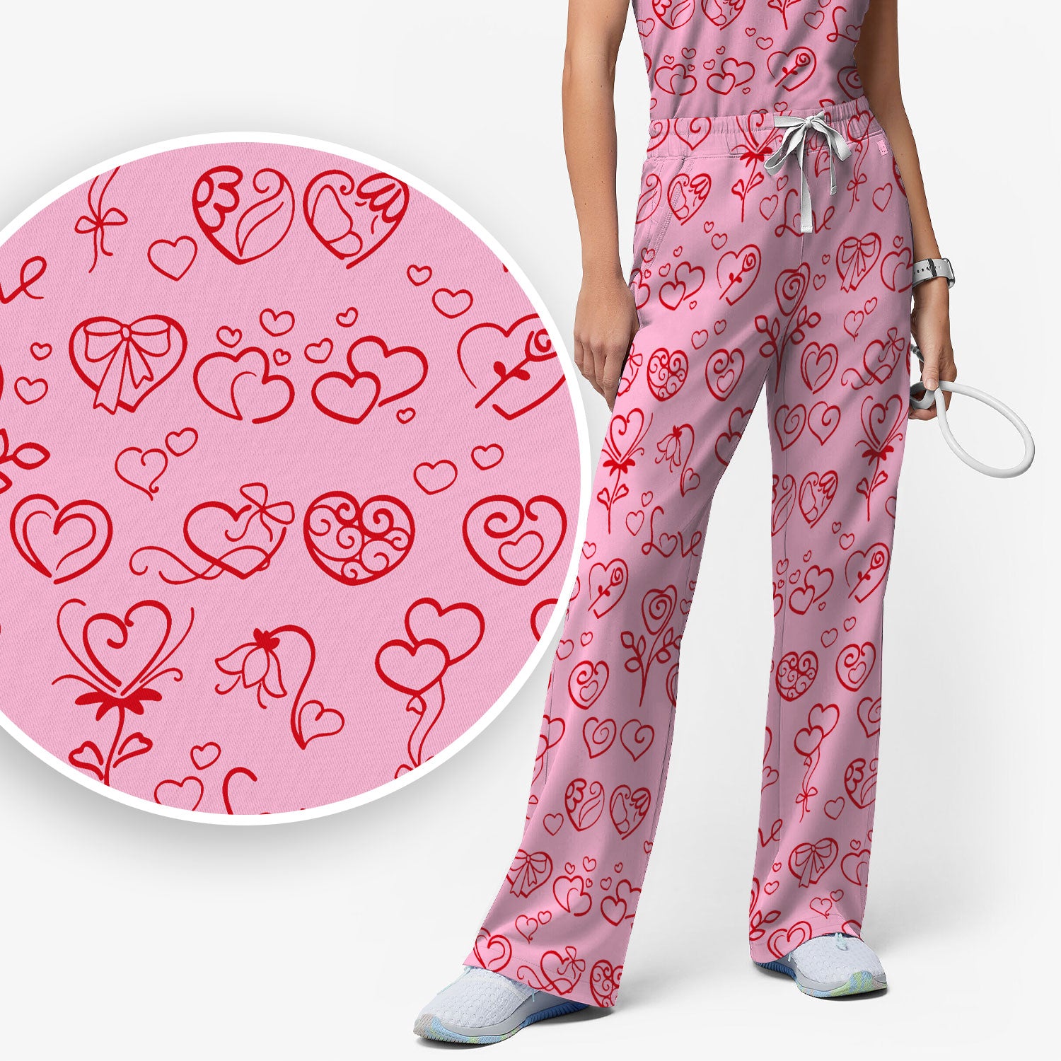 Cute Valentine Heart Scrub Set, Artistic Heart Pink Love Line Art Pattern Nurse Shirt, Comfortable Scrubs For Nursing
