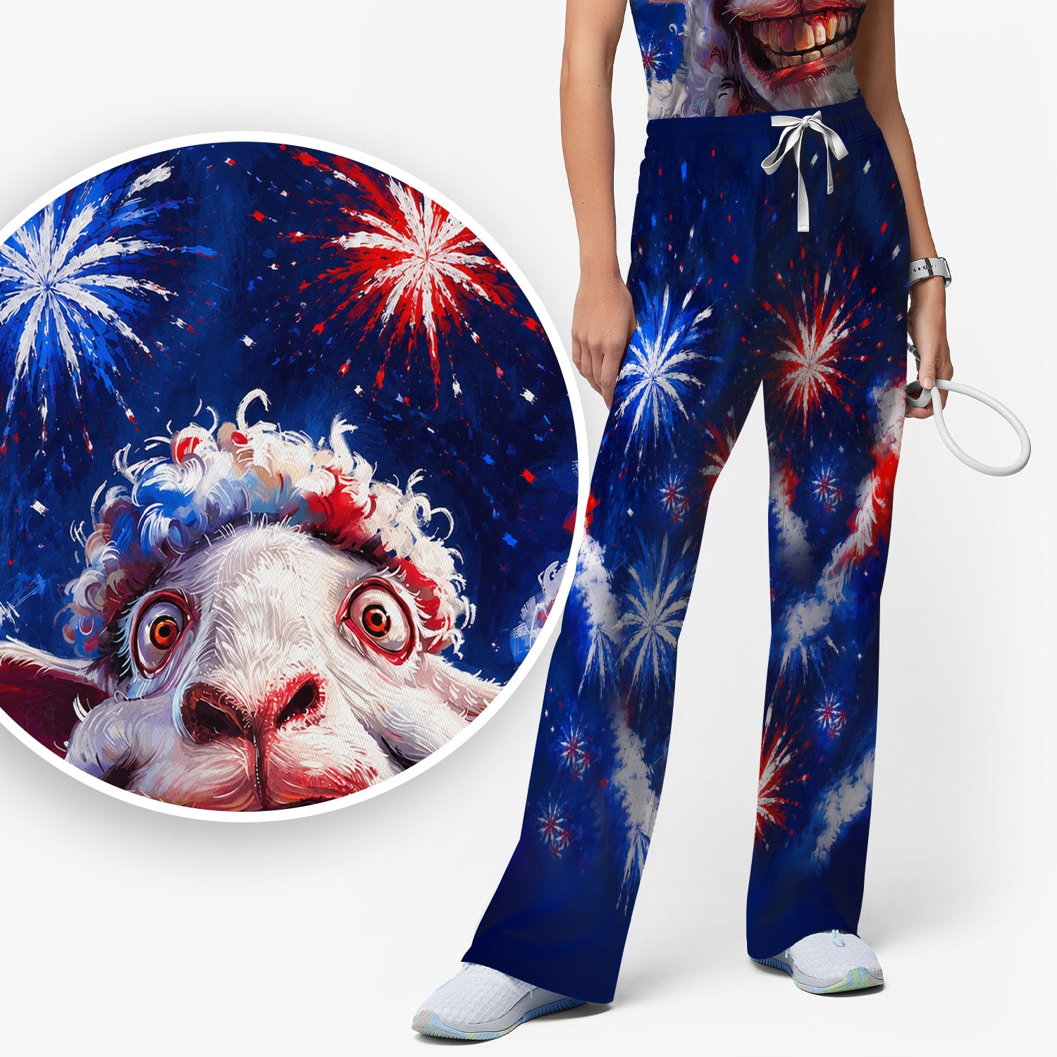 Funny Patriotic Sheep Fireworks Print Scrub Set, Scrub Pants and V Neck Top