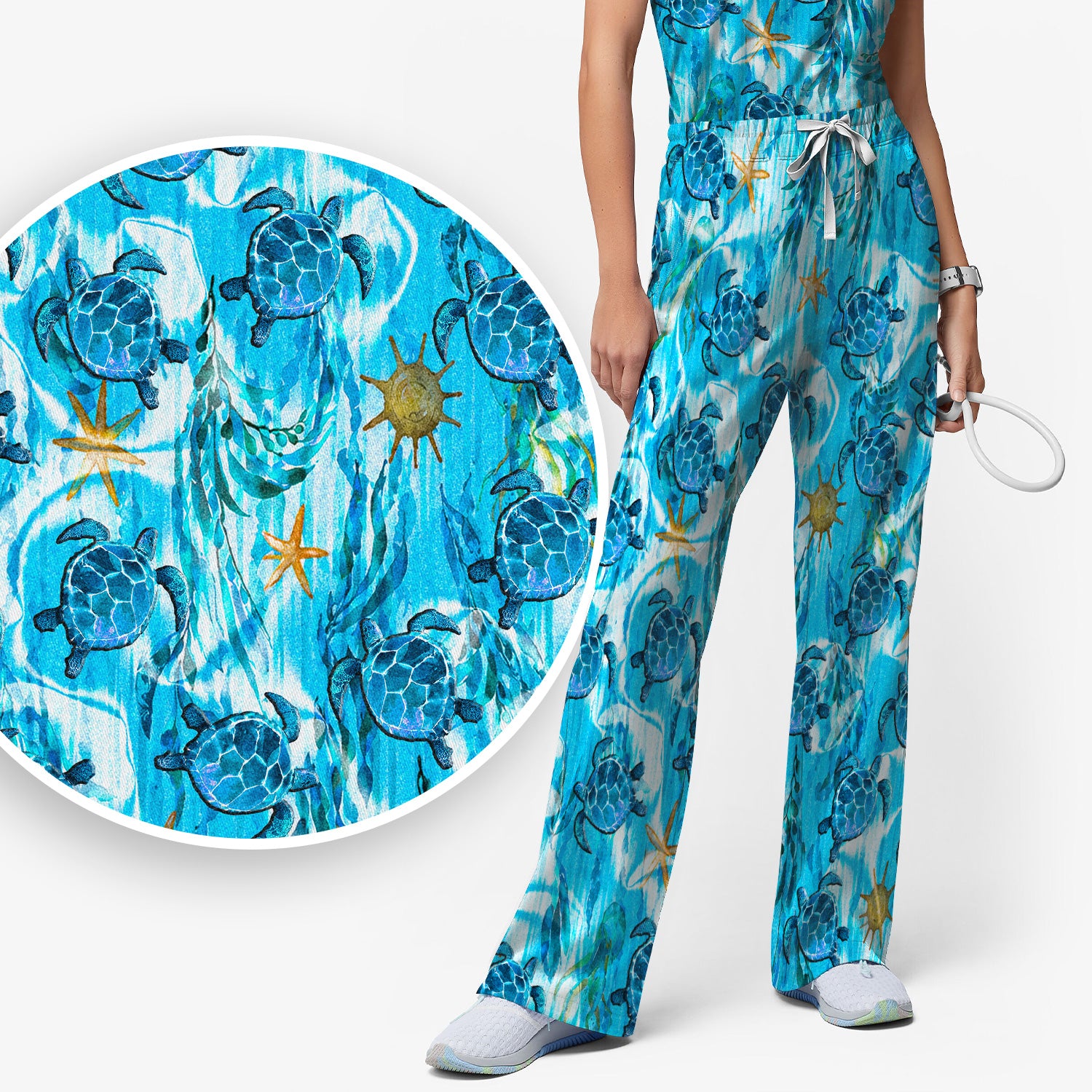Coastal Marine Life Print Scrub Set, Scrub Pants and V Neck Top