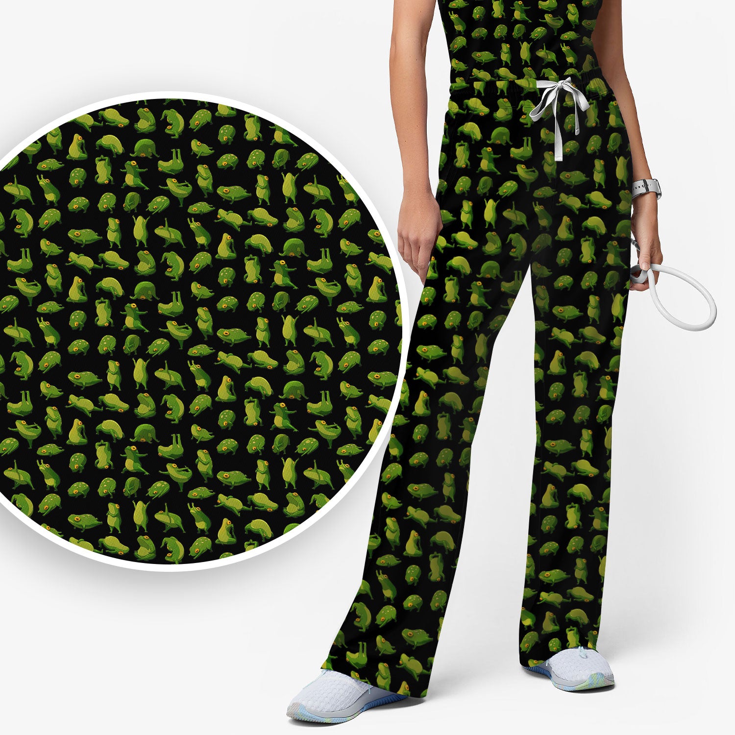 Cute Frog Cartoon Pattern Scrub Set, Breathable Med Uniform