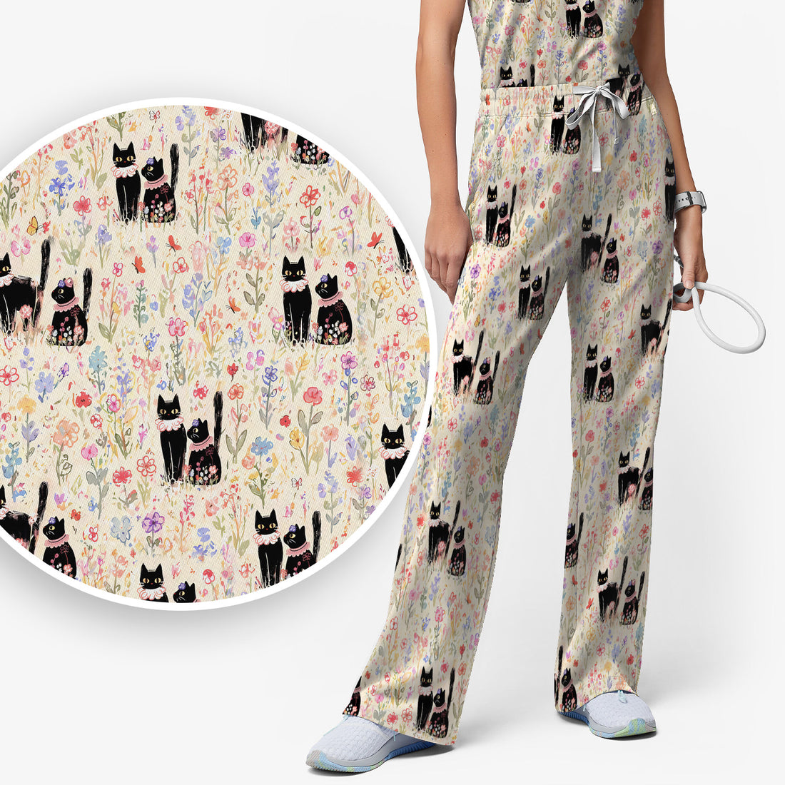 Cute Black Cats Wildflower Garden Pattern Scrub Set, Scrub Pants and V Neck Top