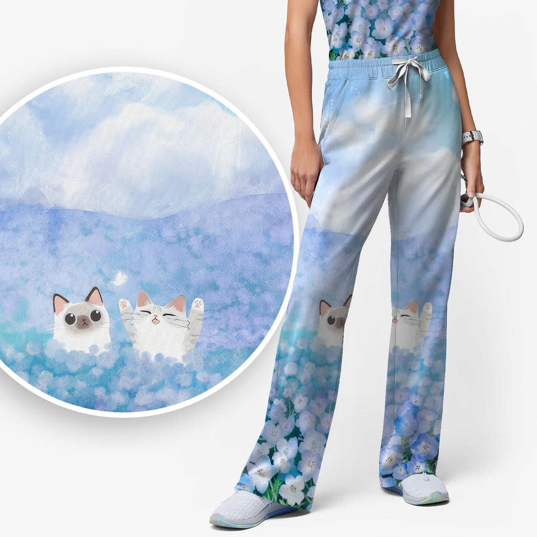 Dreamy Cat Cloud Hydrangea Sky Pattern Scrub Set, Scrub Pants and V Neck Top