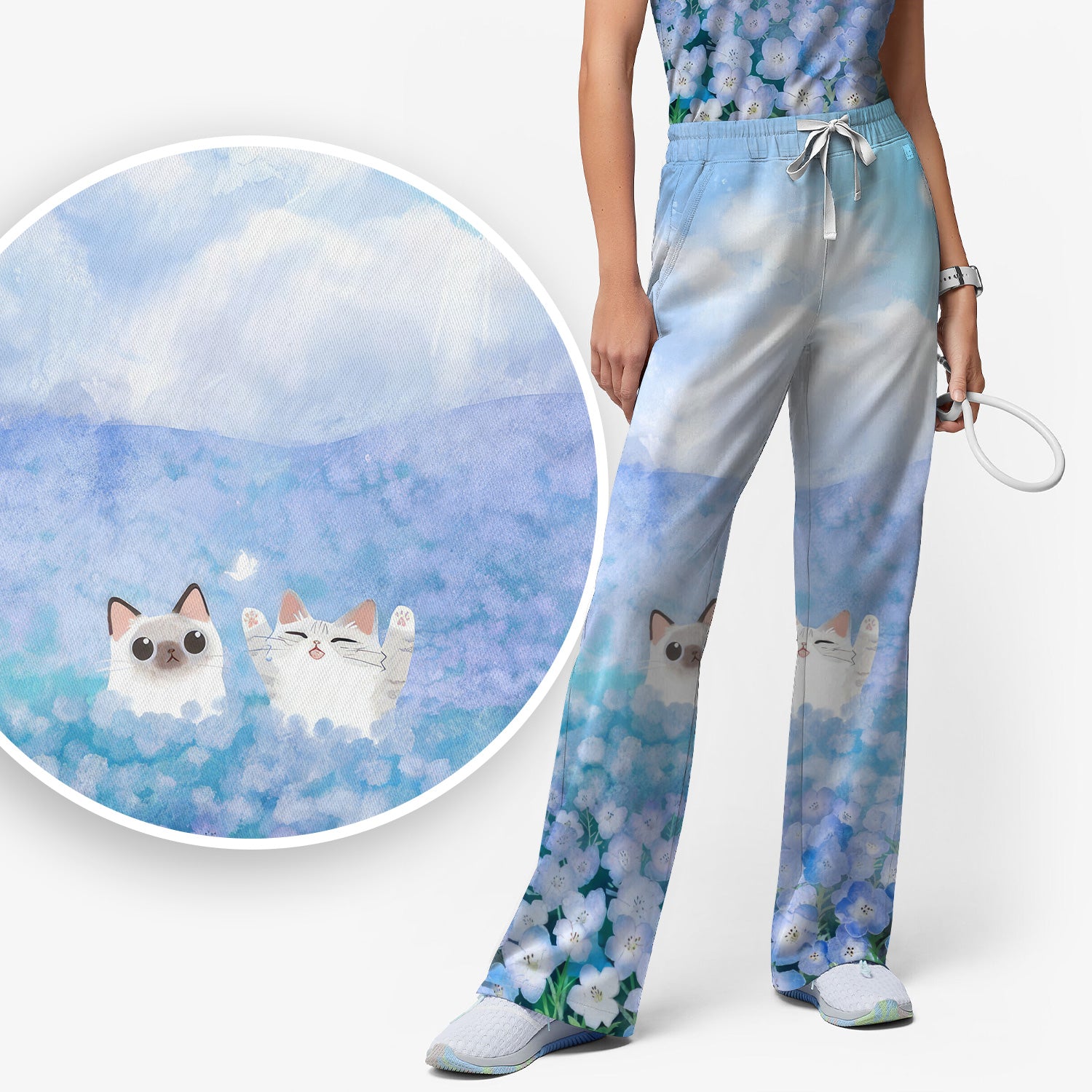 Dreamy Cat Cloud Hydrangea Sky Pattern Scrub Set, Scrub Pants and V Neck Top